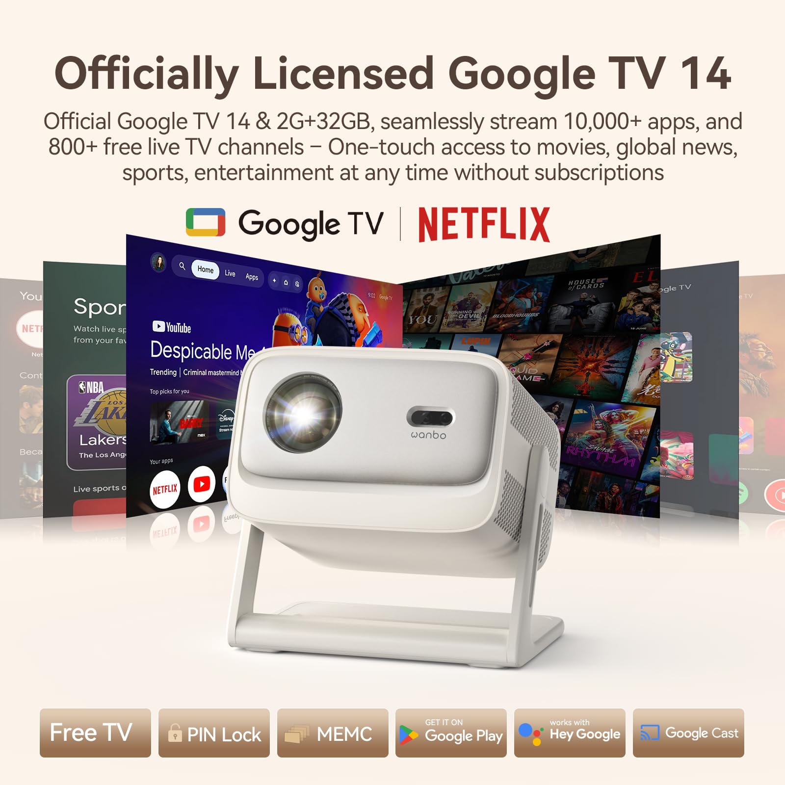 Wanbo Vali 1 Pro Proyector 4K Google TV Oficial WiFi y Bluetooth, Dolby Audio, MEMC, 1080P Nativo 900 ANSI, Enfoque Automático y Corrección Keystone, Portátil para Cine en Casa y Exterior hasta 260"