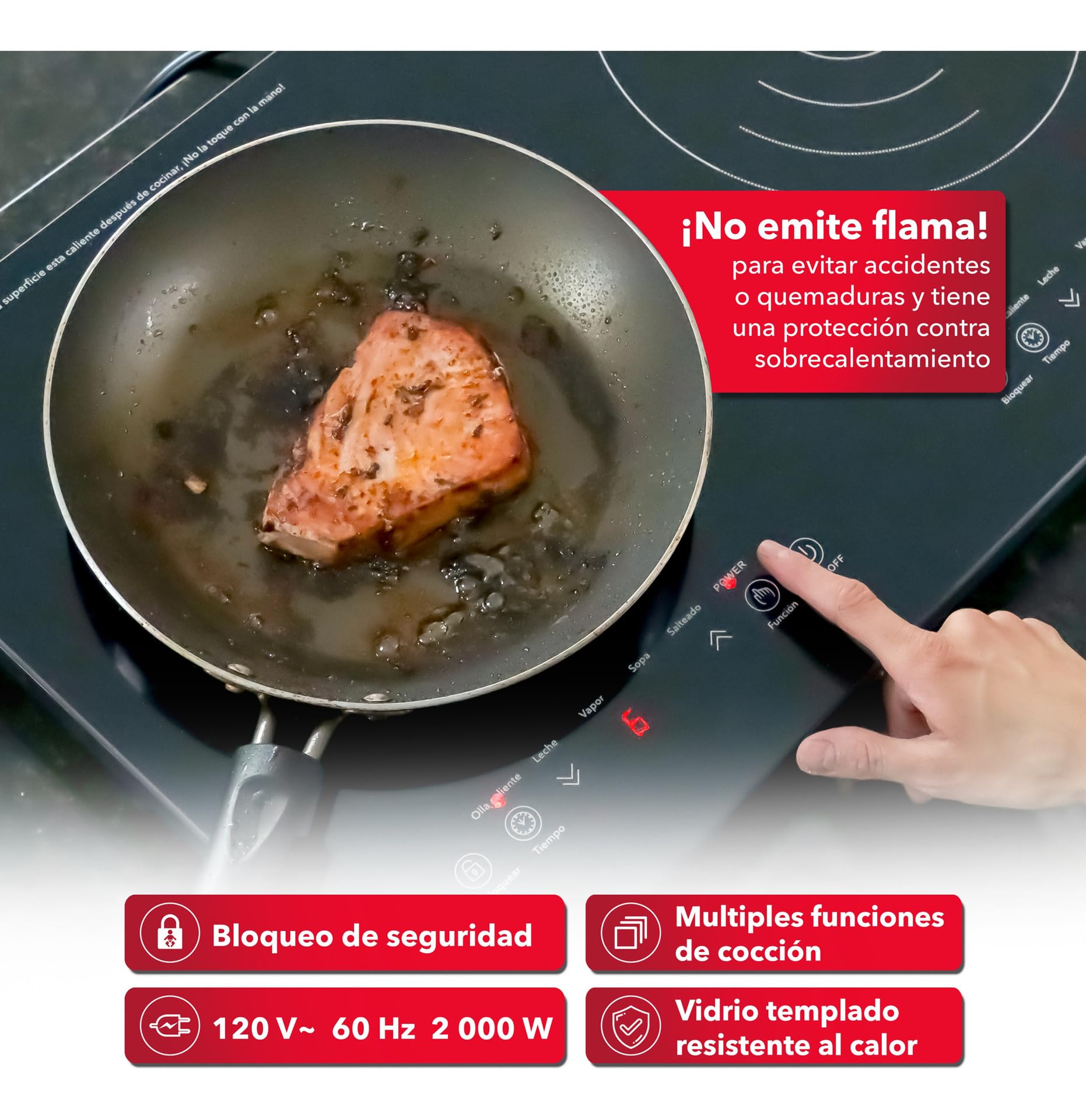 RCA Parrilla de Inducción Doble Quemador RC-12A4, Diseño Moderno y Elegante de Cristal Templado Negro, Controles Táctiles, Seguridad Avanzada, Bloqueo para Niños, Compacta y Potente, Fácil Limpieza.