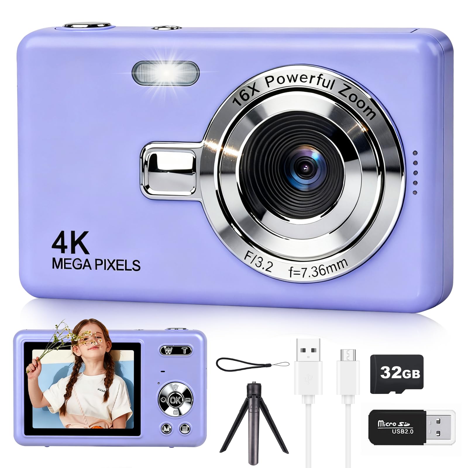HeiLuon Camara Digital FHD 1080P Vlogging con Zoom 16X, Pantalla IPS de 2.4", Trípode, Tarjeta 32GB y Lector, Anti-Shake, Autoenfoque, Camara Fotografica para Niños y Adolescentes (Color Púrpura)