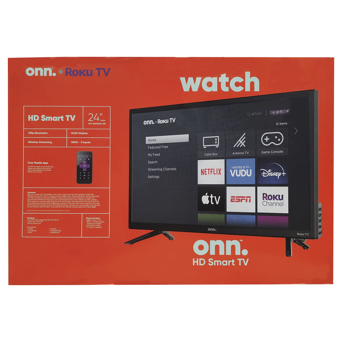 ONN Pantalla LED 24" HD Smart TV ROKU 720P Mod. 100012590 con Base de Pared