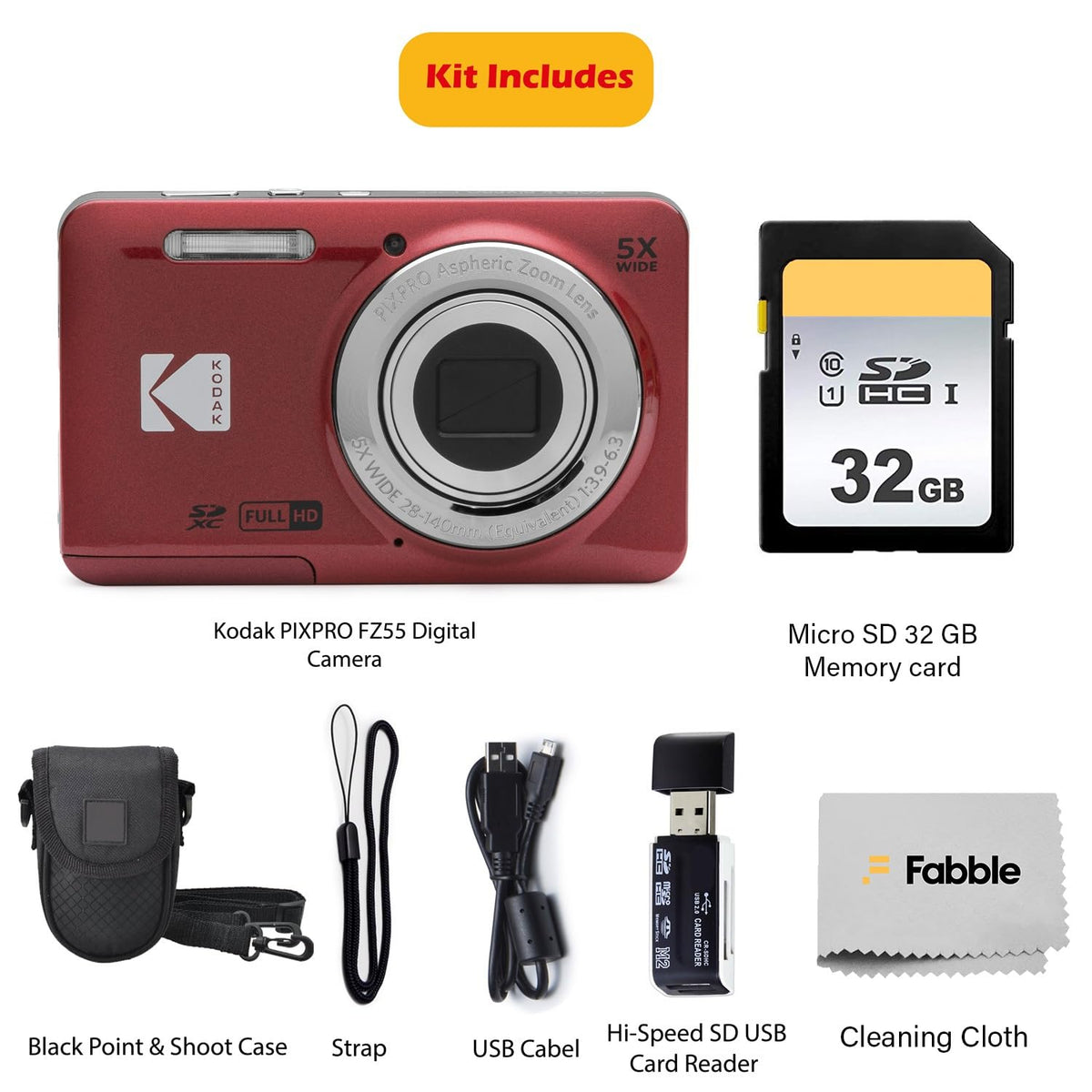 KODAK PIXPRO FZ55 Cámara digital compacta de 16 MP, zoom óptico 5x, gran angular de 28 mm, video Full HD 1080P, paquete con tarjeta SD de 32 GB, funda protectora y lector de tarjetas de alta velocidad