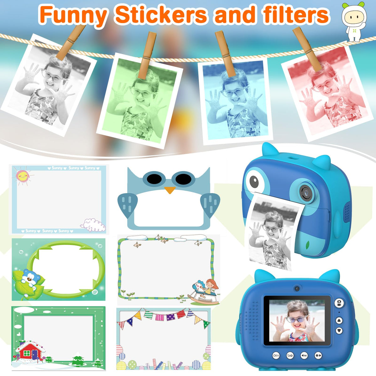 Daconovo Linda cámara instantánea para niños de 2.5K Cámara digital para niños de 12MP Cámara de impresión instantánea para niños con pantalla IPS de 2.4 pulgadas Zoom digital de 10X filtros Grabadora