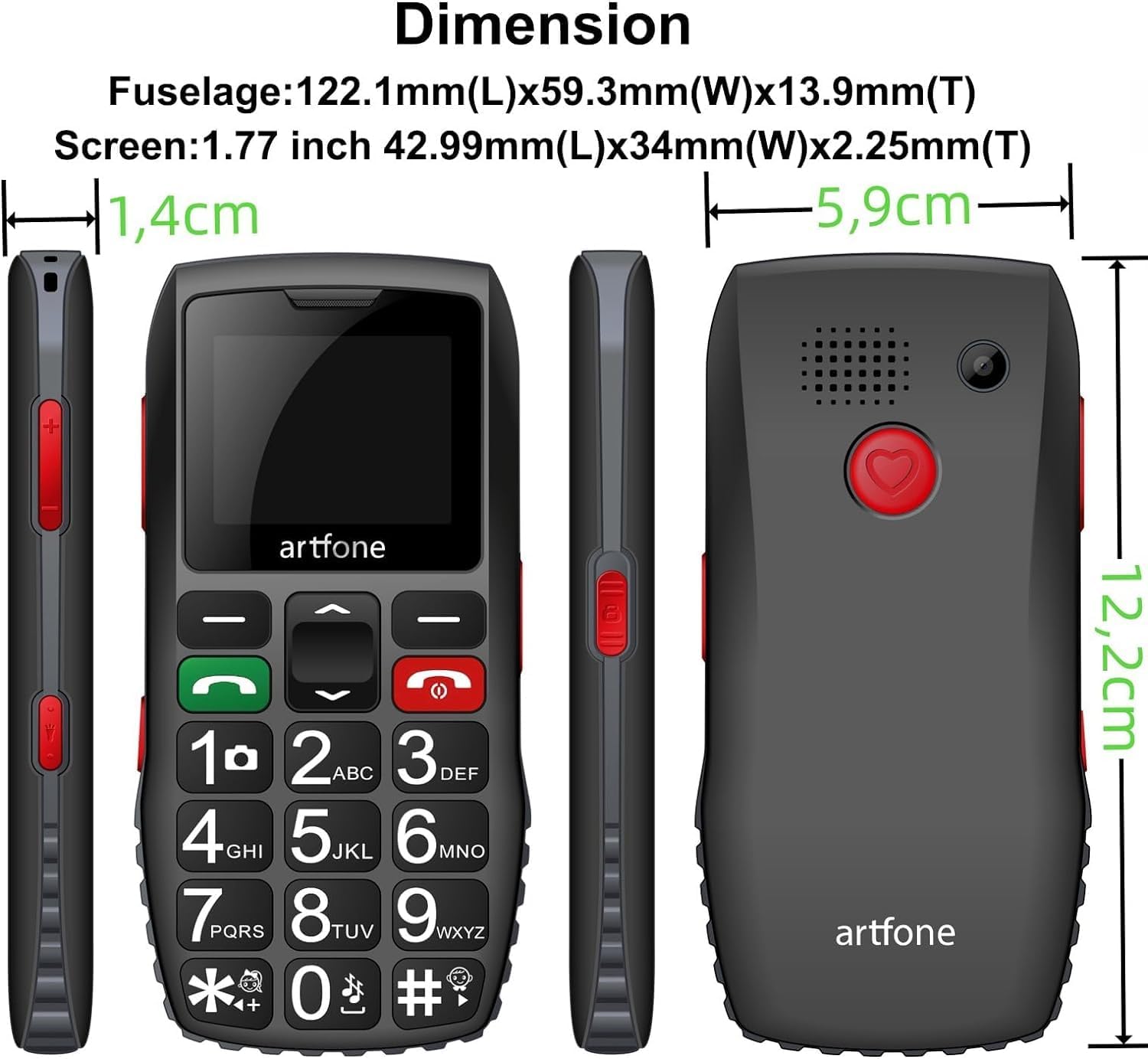 KELIN artfone 4G Teléfono Móvil para Personas Mayores con Botón Grande, Teléfono Basico para Ancianos 4g/LTE, con Función SOS, Volumen Alto, 1800 mAh con Base de Carga, Un Solo SIM, Linterna (Negro)