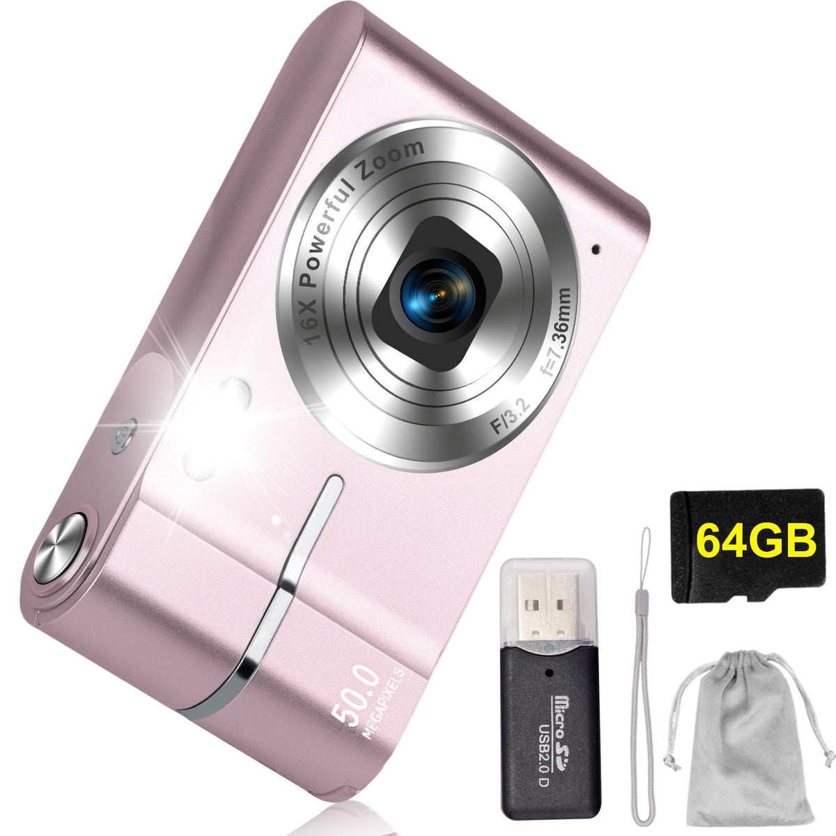 HeiLuon Cámara Digital FHD 1080P 50MP Vlogging con Tarjeta 64GB, Pantalla IPS de 2.4'', Zoom 16X, Anti-Shake y Disparo Continuo, Camara Fotografica Digicam Regalo para Niñas y Niños (Rosa)