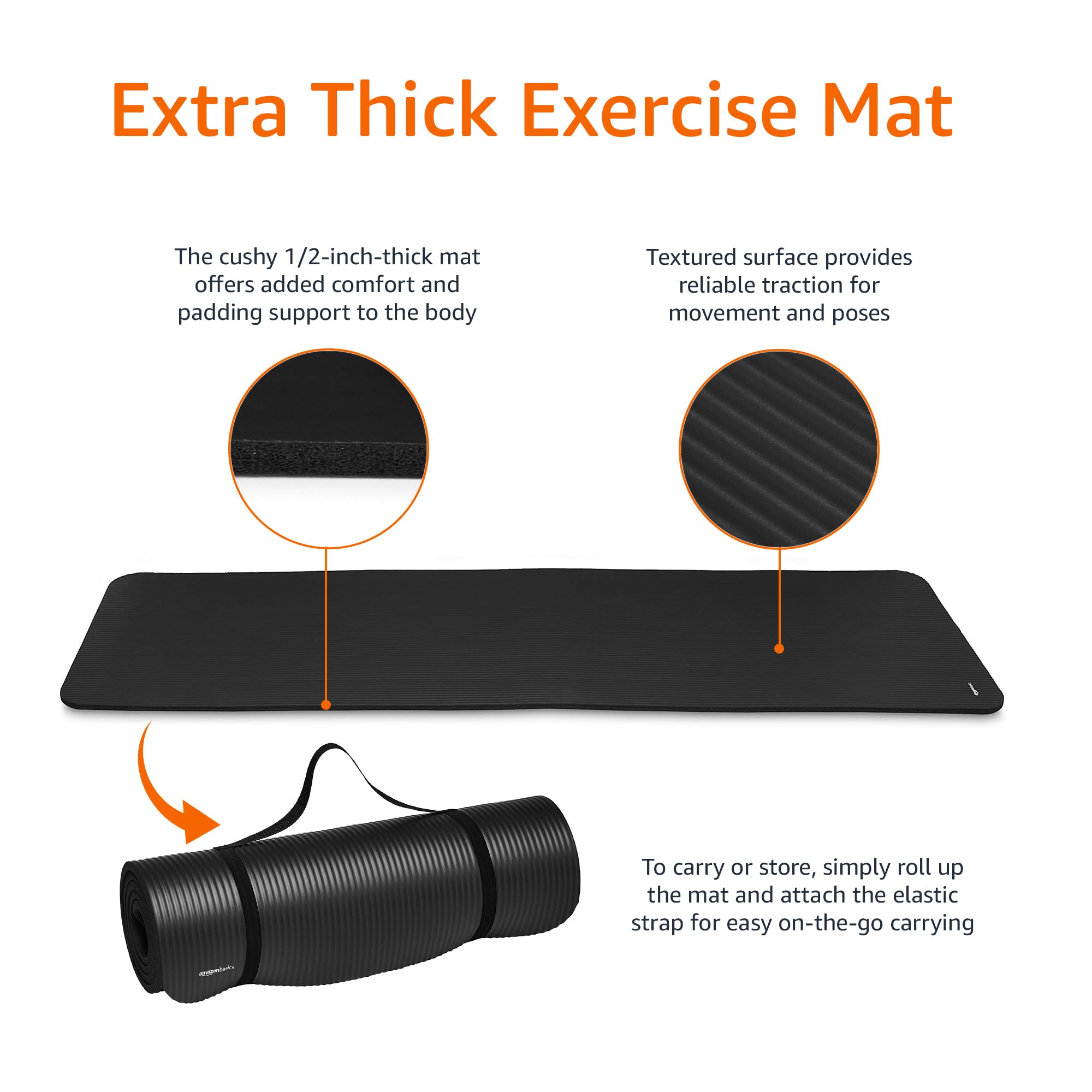 Amazon Basics - Tapete extra grueso para ejercicio, yoga, gimnasio, con correa de transporte, 74 x 24 x .5 pulgadas, color negro