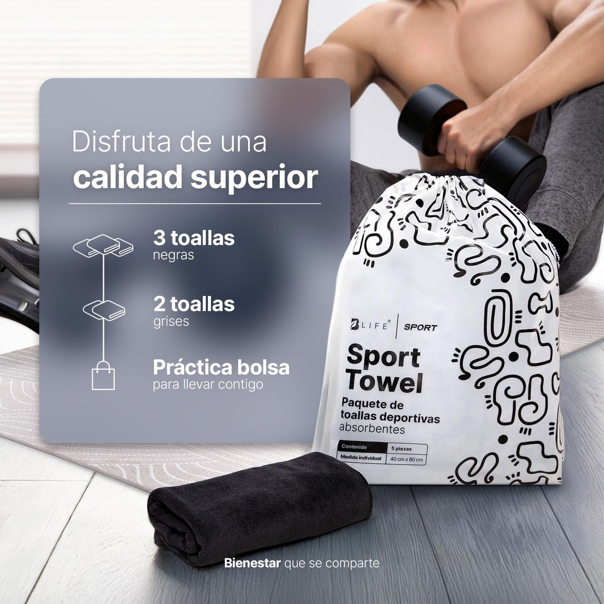 B Life | Toalla Deportiva Absorbente | Kit 5 Toallas Negro/Gris | Secado Rápido | Compacta y fácil de Transportar.