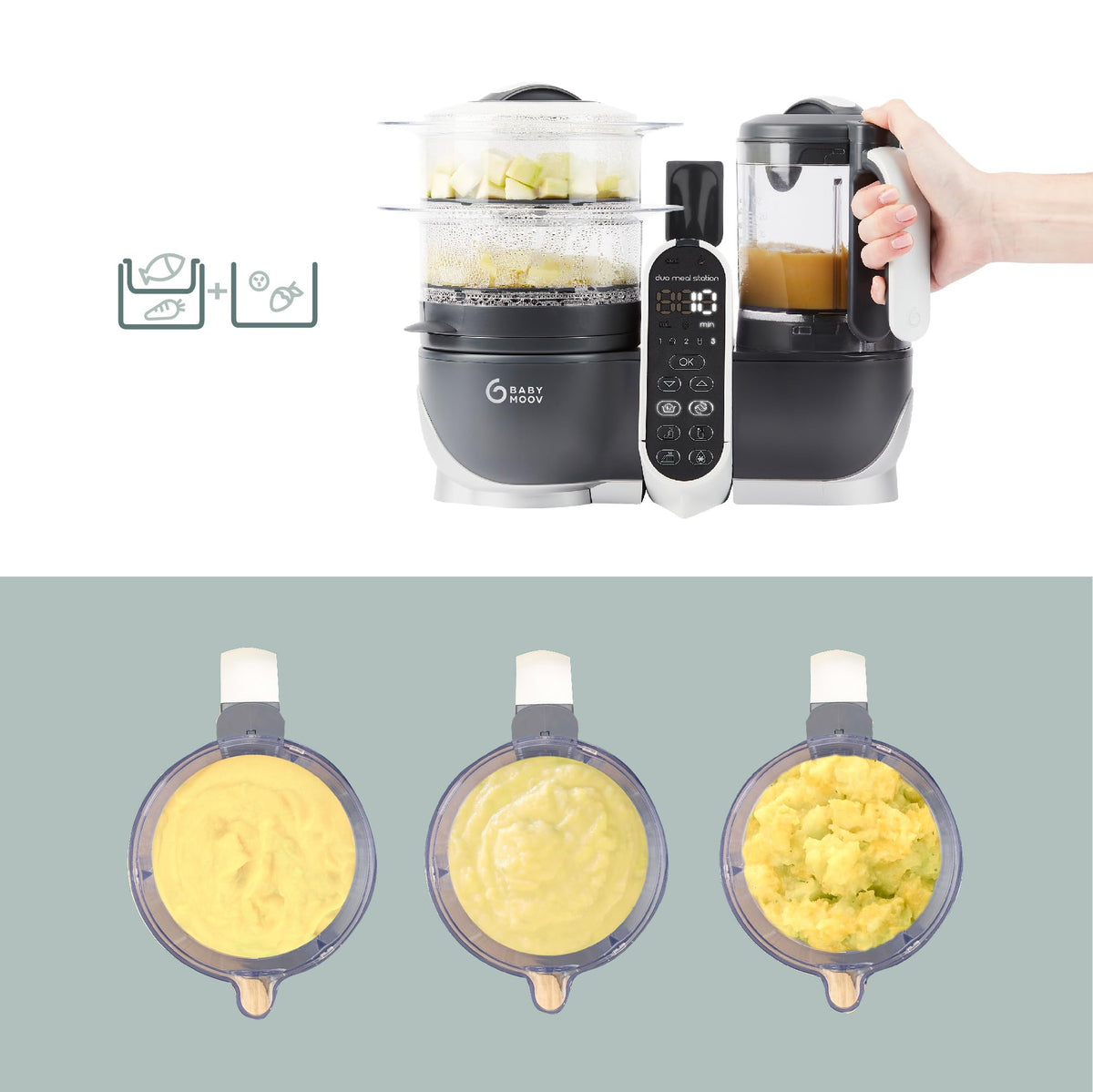 Babymoov Duo Meal 6 en 1: Procesador de Alimentos para Bebés con Vaporizador y Licuadora de Velocidades Múltiples, Calienta y Descongela (Aprobado por Nutricionistas), Gris