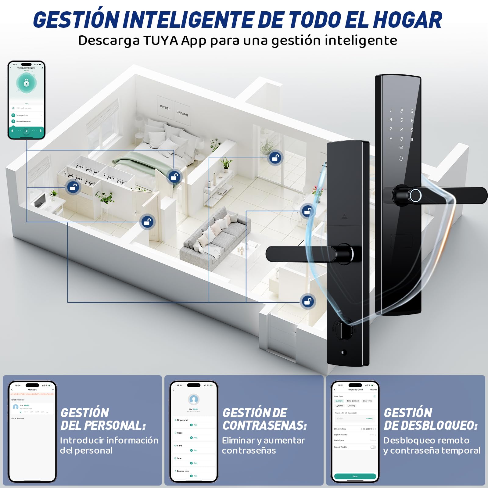 Cerradura Inteligente, Chapa Inteligente con Voz en Español, 5 Métodos de Apertura, Tuya APP, Huella Digital, Código, Llave Física, Tarjeta IC, Cerraduras Digital, para Hogar y Apartamento