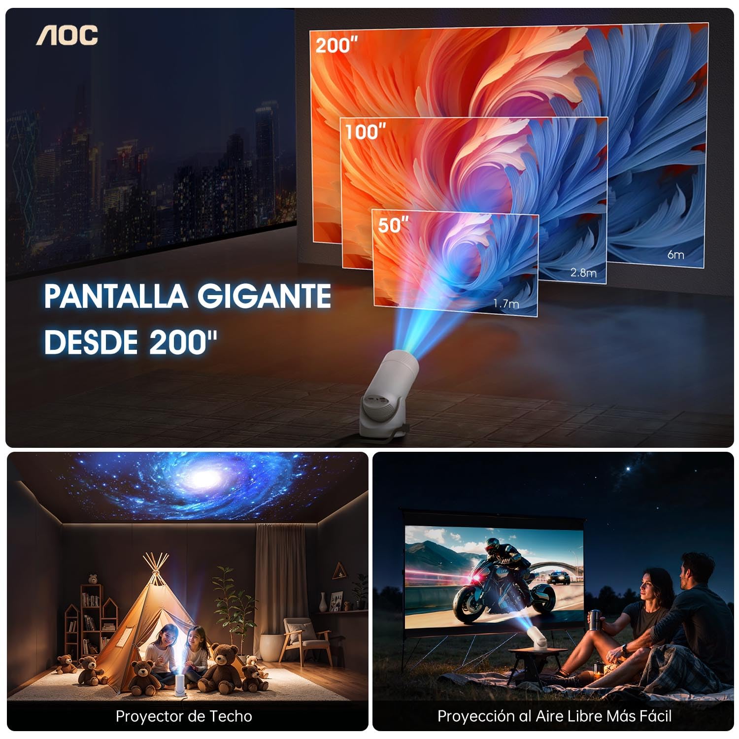 AOC Proyector portátil WiFi y Bluetooth, 4K Full HD, rotación de 180°, 8000 lúmenes, 220 ANSI, corrección Trapezoidal, para portátiles