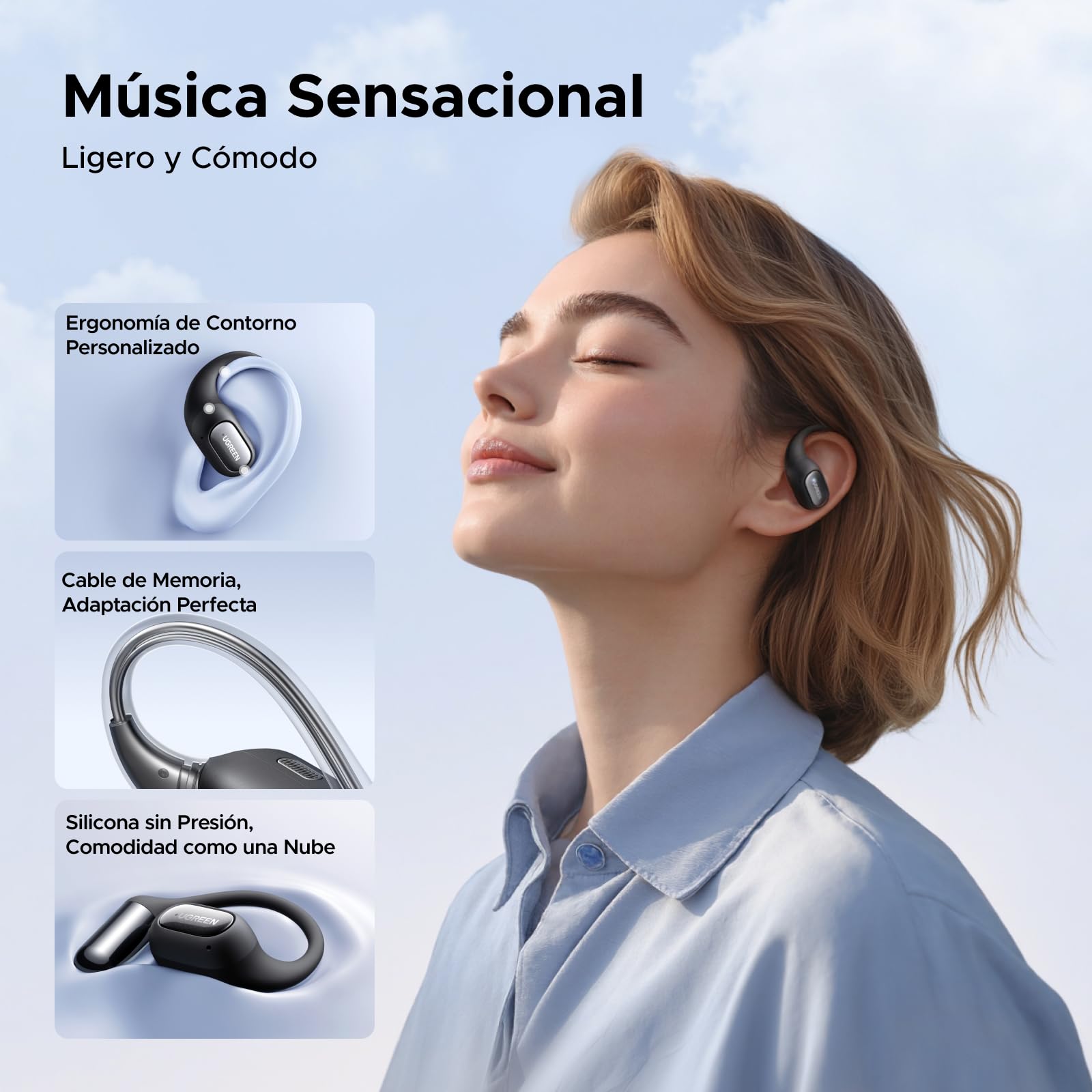 UGREEN Audífonos Open Ear con ANC Cancelación Adaptativa 32H 4 Micrófono IA