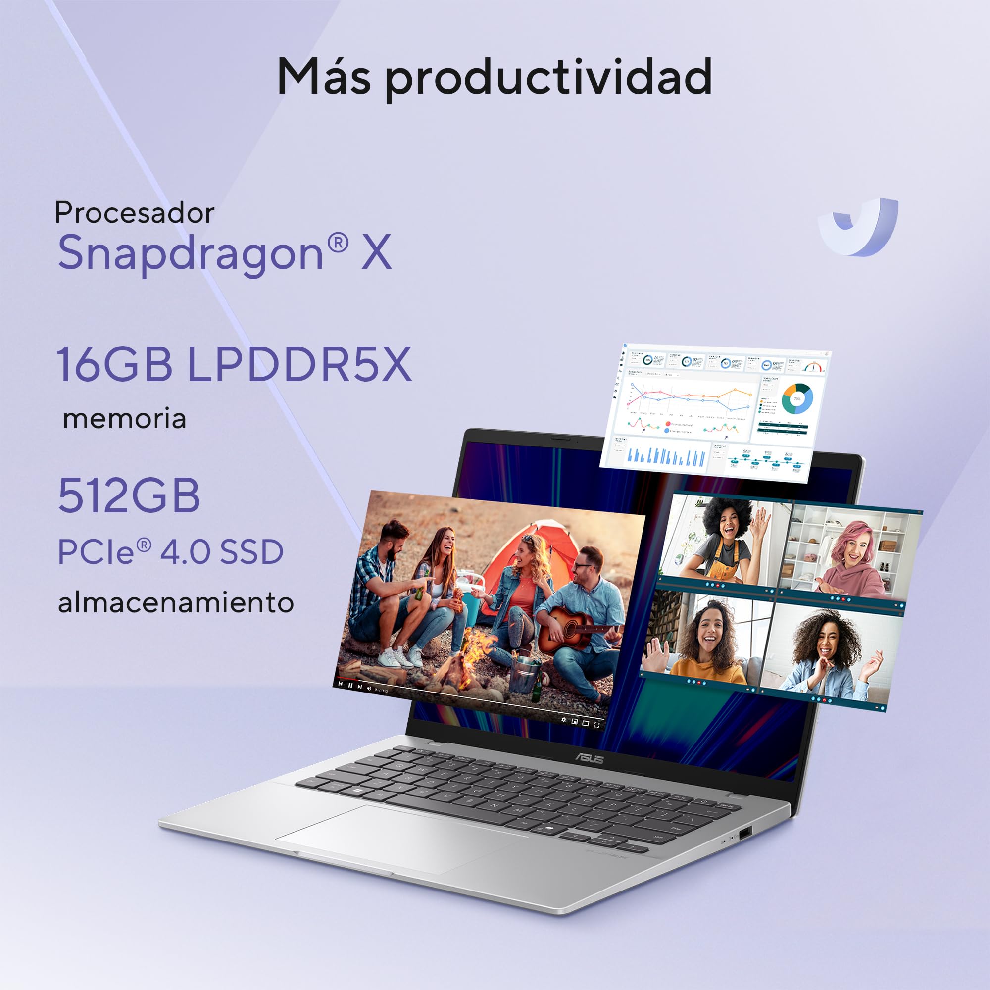 ASUS Vivobook 16” IA, Snapdragon X1/NPU 45 TOPS/16GB RAM/512GB SSD/hasta 27 Horas de batería + Carga rápida USB‑C/Teclado retroiluminado/Garantia con la Marca en Mexico.