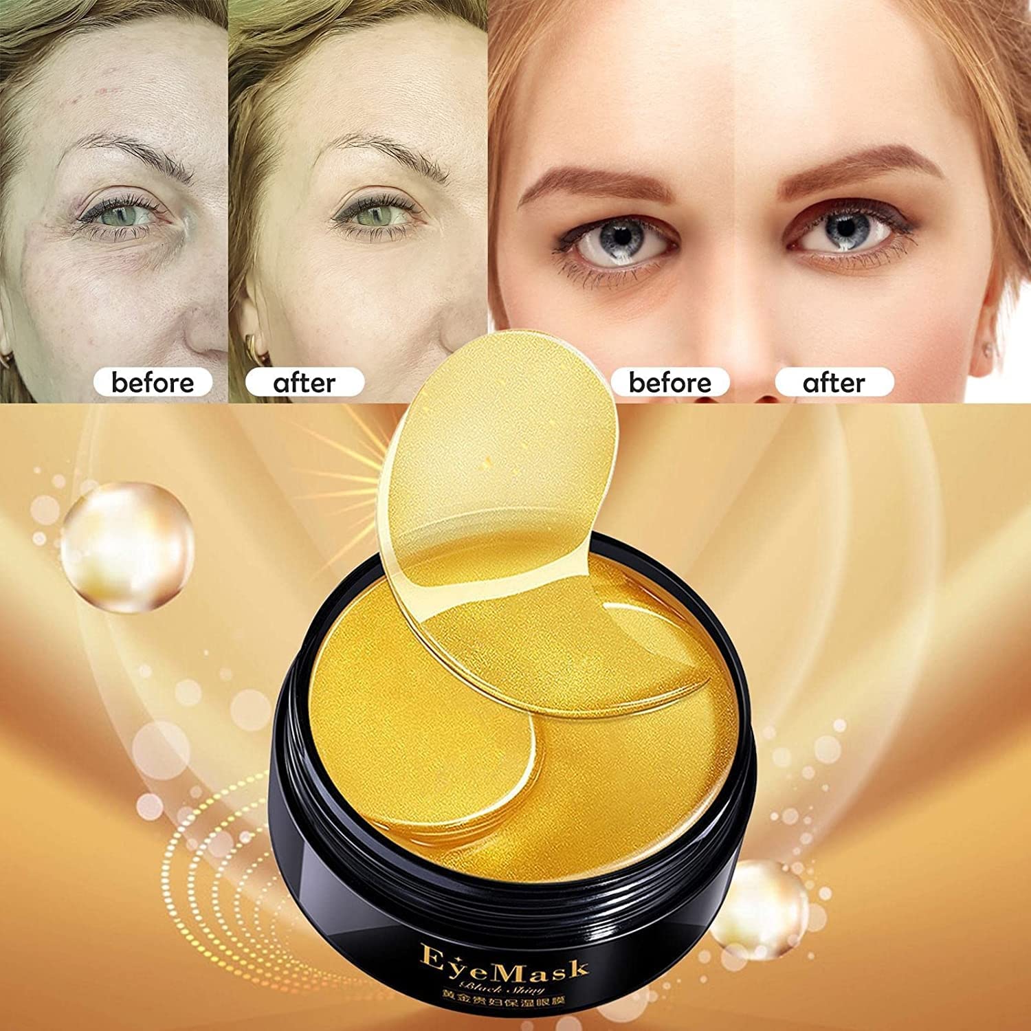 Allphv-Parches Ojos 24k Oro, 60 Pcs, Colágeno, Contorno de Ojos Antiarrugas
