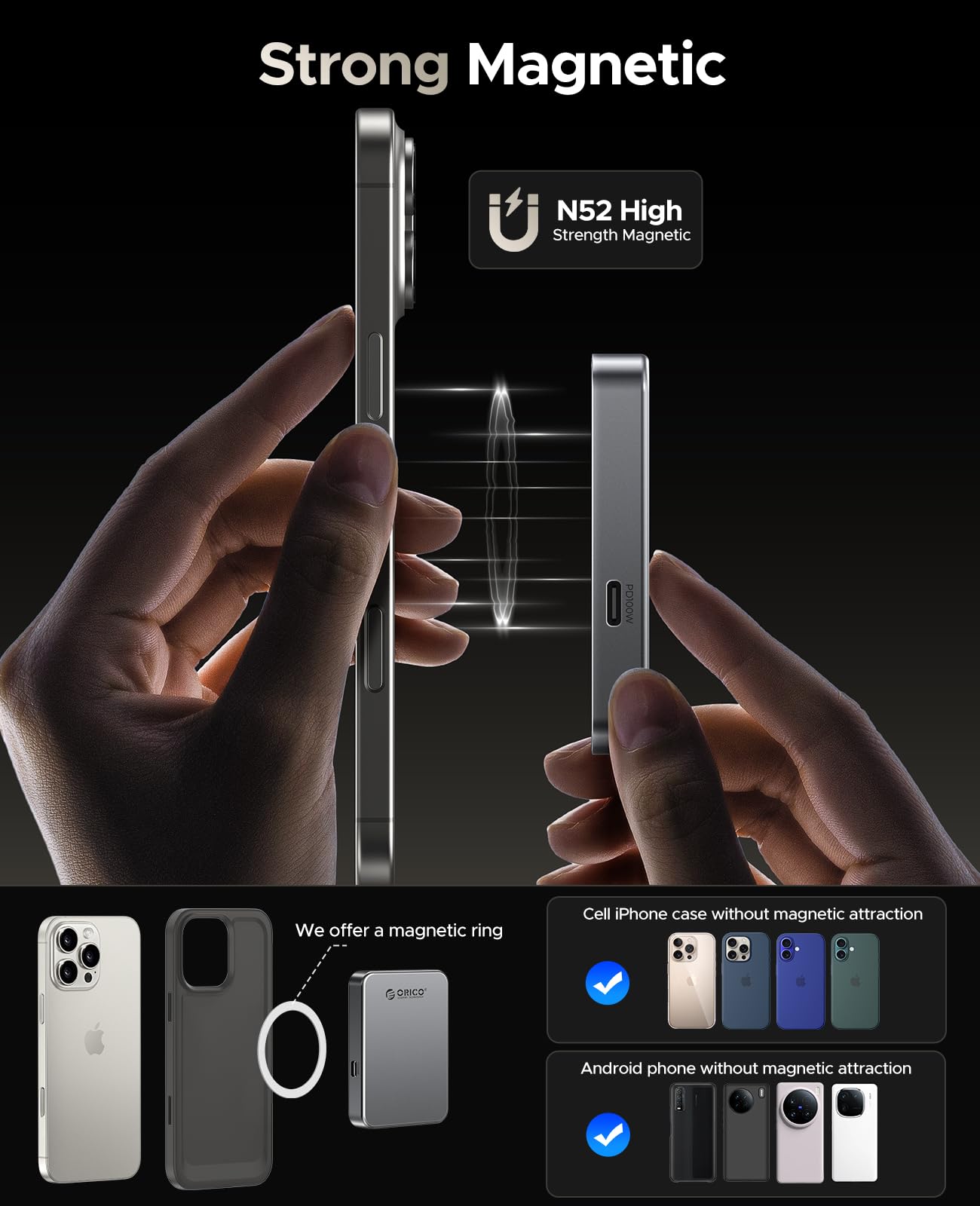 ORICO 512 GB SSD magnético, Carga PD100W, 4K ProRes HDR, 1000MB/s USB 3.2, Unidad Externa portátil para iPhone 16/15, portátiles, tabletas, aleación de Aluminio, Resistente a caídas - K10
