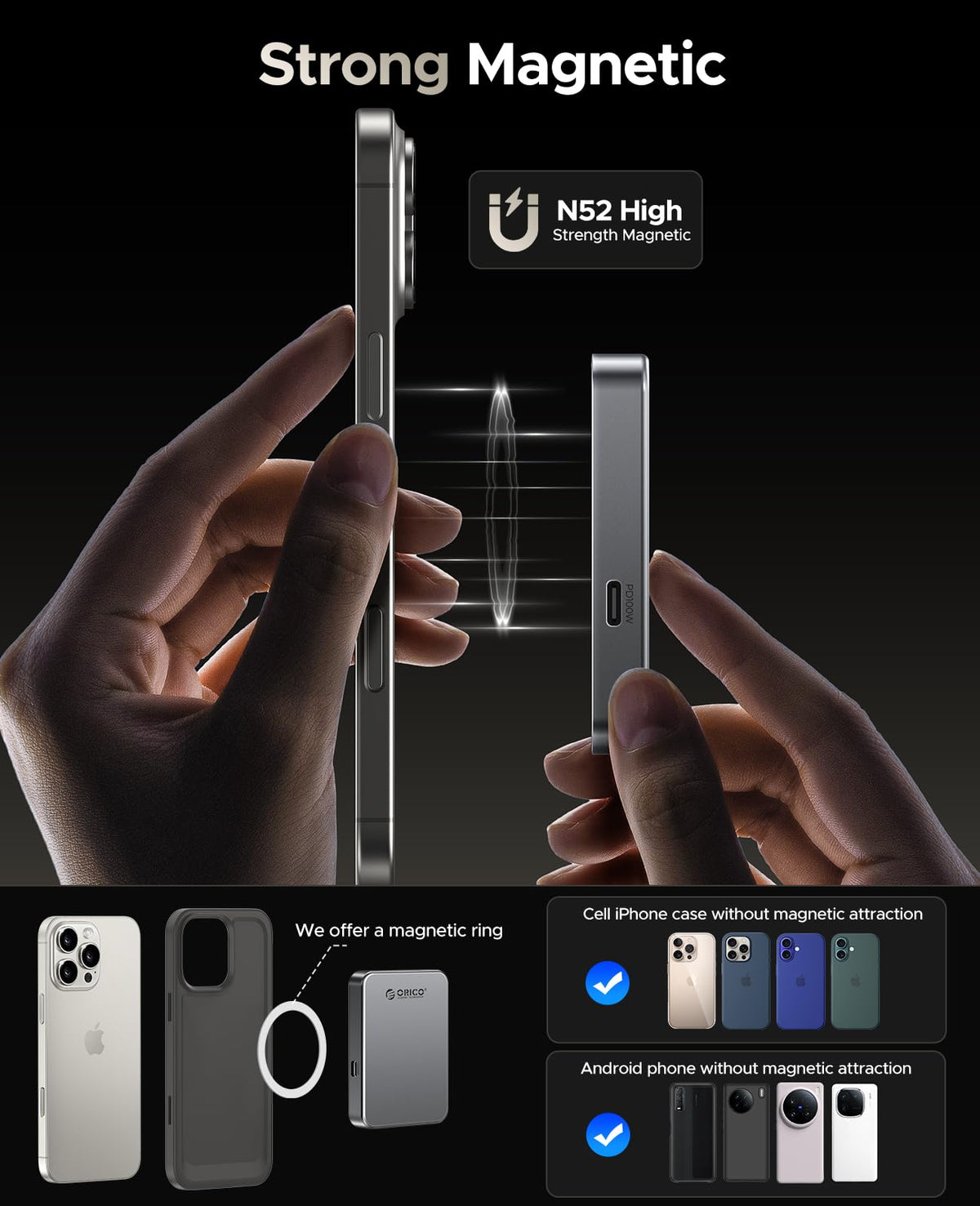 ORICO 512 GB SSD magnético, Carga PD100W, 4K ProRes HDR, 1000MB/s USB 3.2, Unidad Externa portátil para iPhone 16/15, portátiles, tabletas, aleación de Aluminio, Resistente a caídas - K10