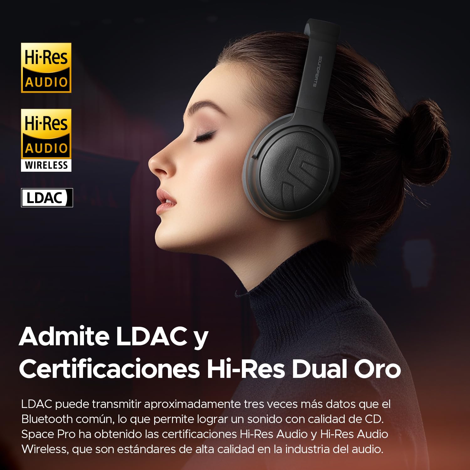 SoundPEATS Space Pro Audífonos de Diadema ANC Híbrido -47dB 151H de Batería