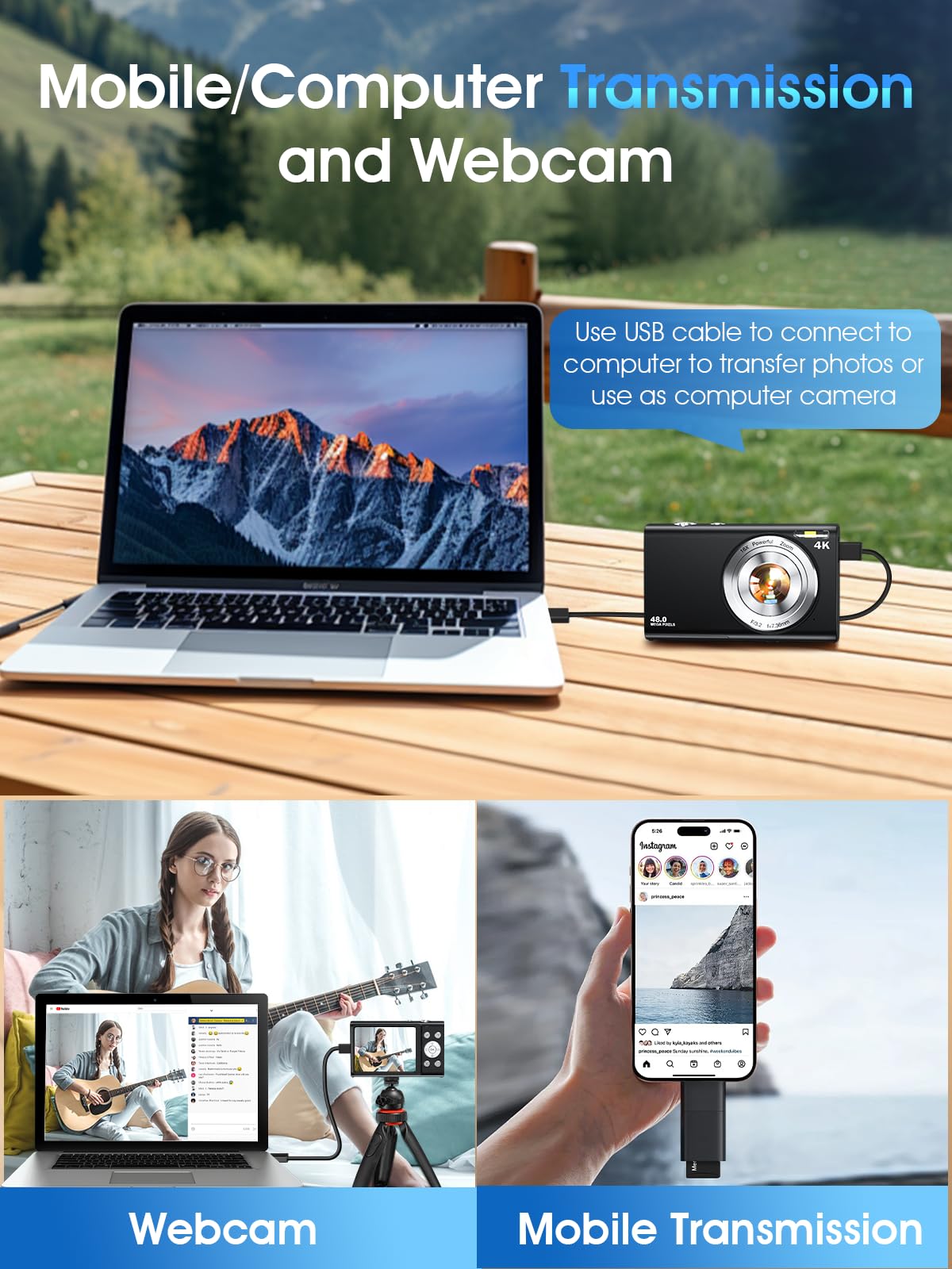 Cámara digital, enfoque automático 4K Vlogging Cámara para fotografía con tarjeta de 32 GB, cámara digital portátil compacta de 48 MP para adolescentes y adultos principiantes con zoom de 16X,