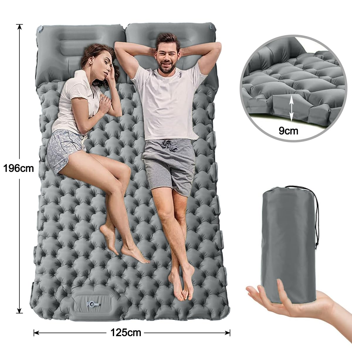EASYTAO Colchoneta Camping Doble Autohinchable, Esterilla Acampar Plegable Hinchable con Almohadas, Colchón Impermeable Matrimonial, para Mochileros, Senderismo (Gris)