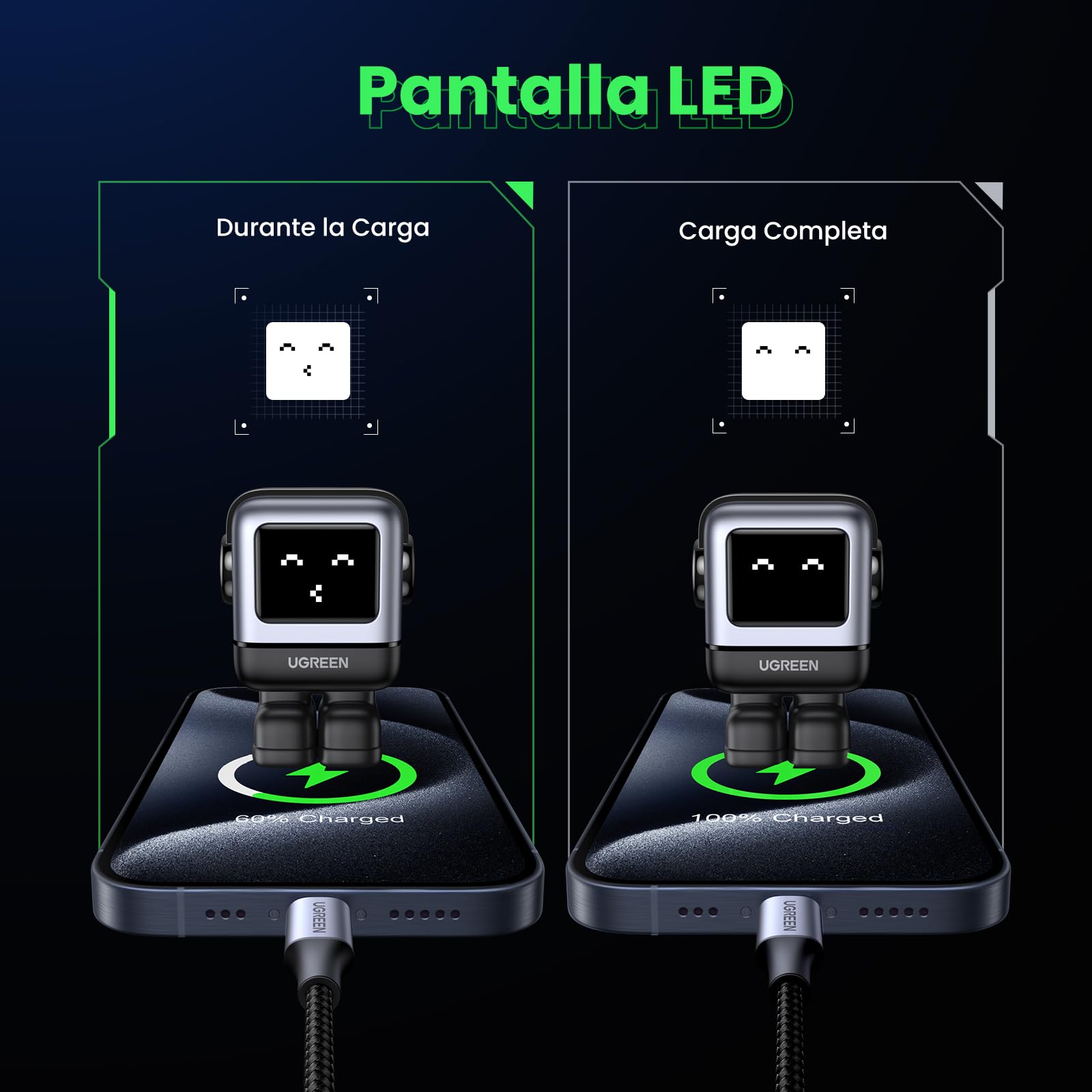 UGREEN Uno 30 W Cargador Tipo C Carga Raida,Nexode GaNRobot USB C Pantalla de Inteligente, Compatible con iPhone 16/15/14/13, Galaxy S24/S23/S22, Pixel 7/8, MacBook Air, iPad Pro,Negro