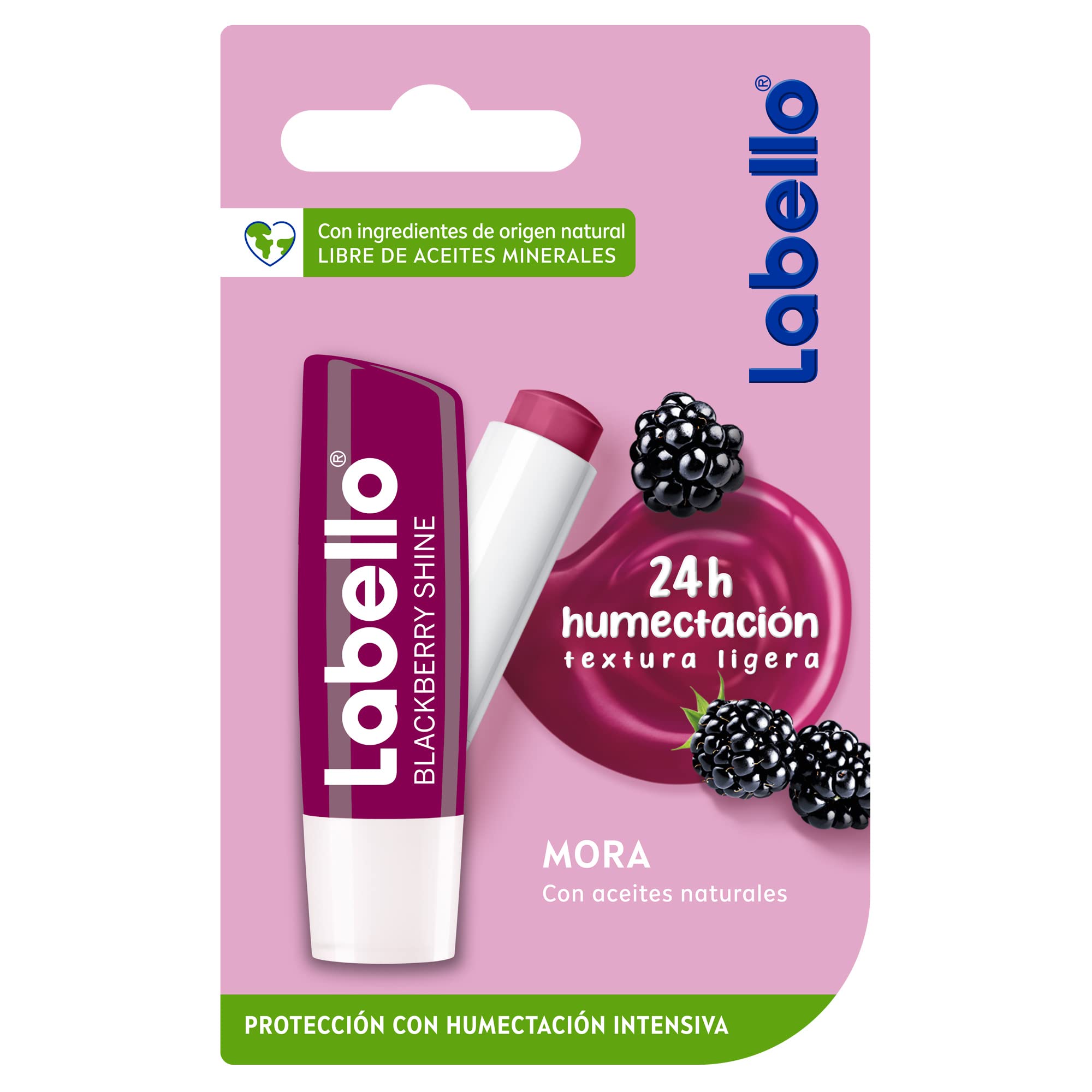 LABELLO Bálsamo labial con color Mora (4.8g) protector labial con Vitamina E libre de aceites minerales 24 horas de humectación
