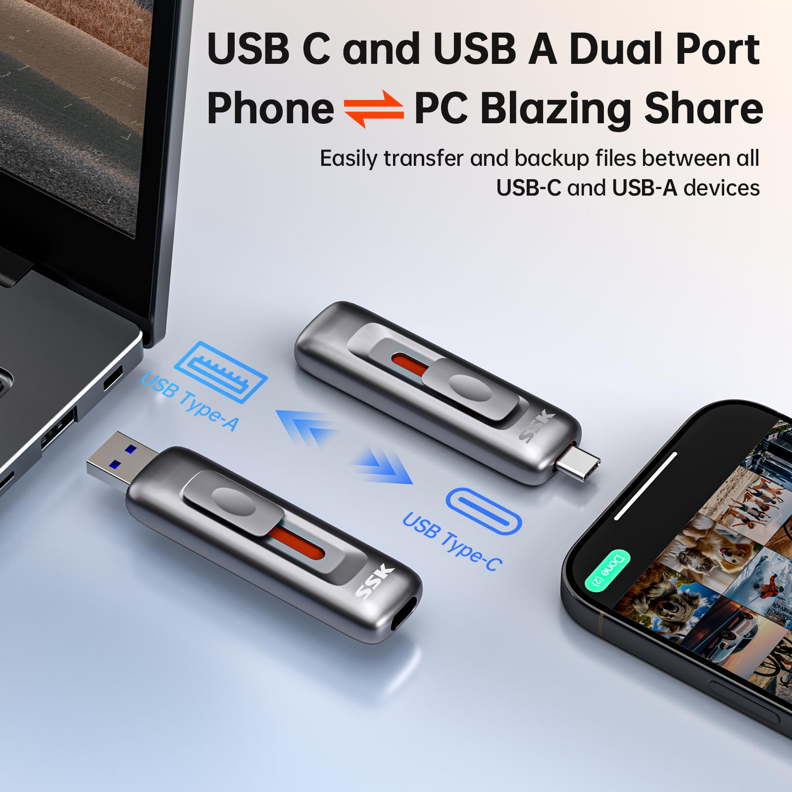 SSK Unidad flash SSD externa de 256 GB, unidad USB push-pull de hasta 1000 MB/s de doble cabeza, unidad de pulgar-USB SSD Memory Stick para iPhone 15/16/17, Android, Tablet, Win& Mac Aleación de zinc
