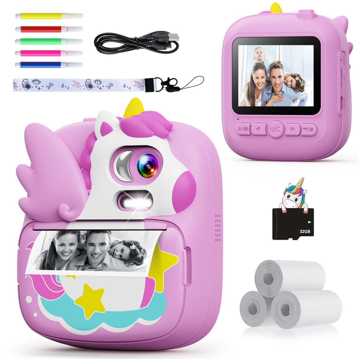 CAMCLID Camara Fotos Infantil Instantanea, 2,4 ’‘ HD 1080P Cámara Fotos Infantil con Tarjeta SD de 32G y Papel Fotográfico de Impresión