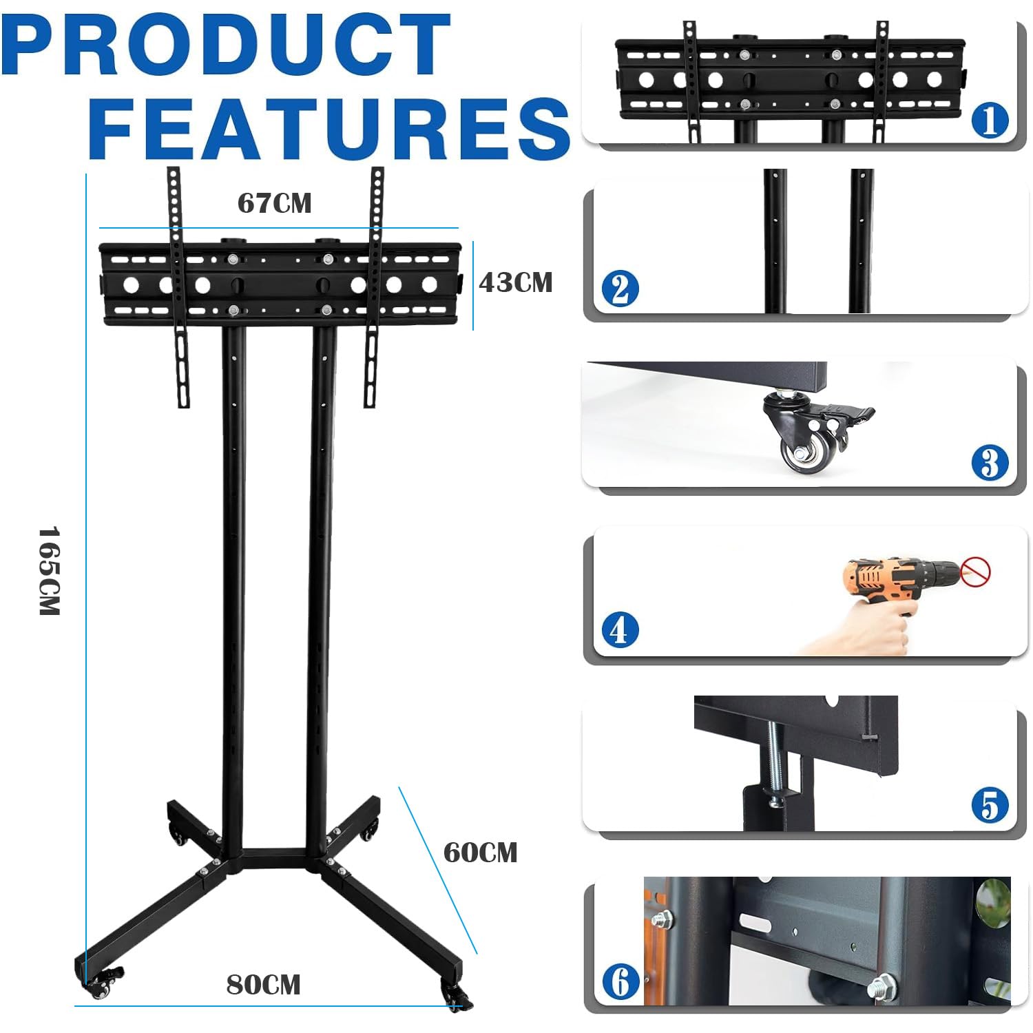 TBONEEY Soporte TV Ruedas para Television de 26 a 75 Pulgadas Ajustable en Altura, Soporte Móvil de Suelo Pie para Pantallas LCD LED, con VESA Máx. 600x400mm, hasta 70kg (Negro)