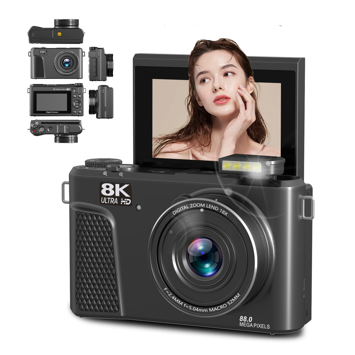Zunate Cámara Digital de 8k para Fotografía, Cámara de Vlogging WiFi de 88MP, Cámara de Video de Enfoque Automático UHD 3in180 ° Pantalla con Zoom Digital 18x, No Incluye Tarjeta de Memoria.