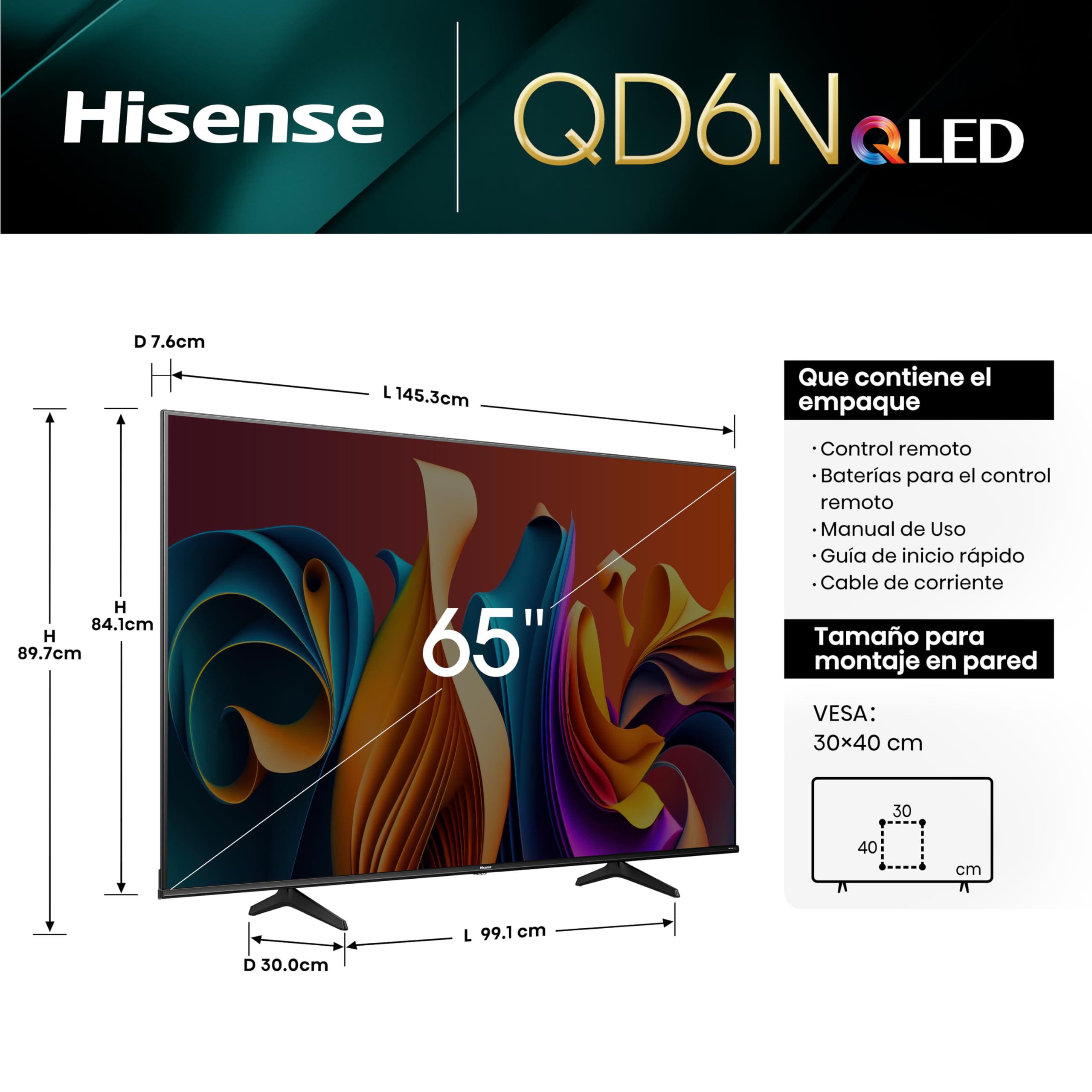 Hisense Television QD6N Pantalla 65 Pulgadas,QLED Smart Google TV UHD 4K,Control Remoto por Voz con Alexa,Dolby Vision Atmos, Modo de Juego Plus, Control de Voz,Compartir con TV