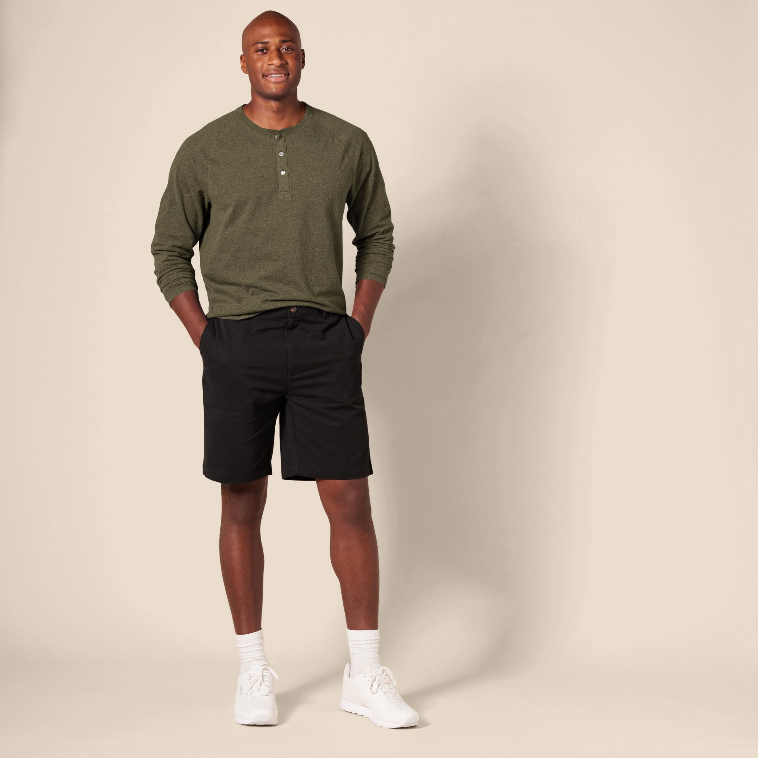 Amazon Essentials - Camisa Henley de manga larga ajustada para hombre, color verde oliva jaspeado, talla L