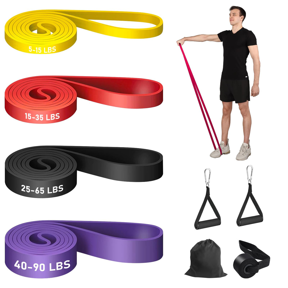 4 Pack Bandas de Resistencia para Ejercicio,Bandas de Resistencia con 2 Asas, Anclaje para Puerta, Gancho y Bolsa,Bandas Elásticas para Hombres y Mujeres para Ejercicio, Fitness, Entrenamiento, etc