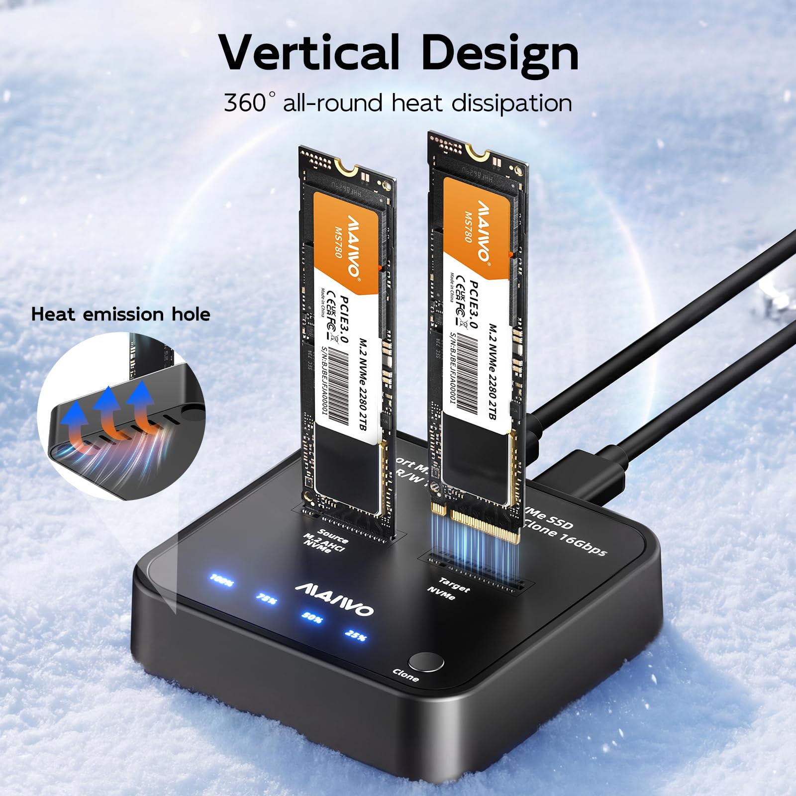 MAIWO Clonador NVMe Duplicador M.2 para PCIe NVMe M-Key SSD, Velocidad de Clonación de 16Gbps, Acceso a Dos SSD Simultáneamente, Estación de Acoplamiento de Unidades de Disco Duro de Doble Bahía con