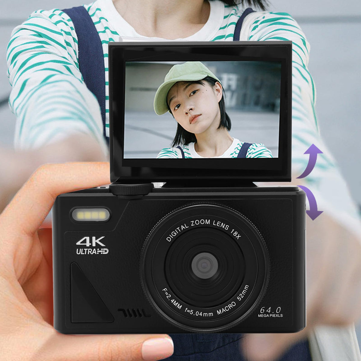 Cámara Digital de 64 MP, Pantalla de 3 Pulgadas, Vídeo 4K, Zoom 18X, Detección de Rostros, Estabilización, Lapso de Tiempo, Cámara Lenta, Recargable, Transmisión en Vivo para