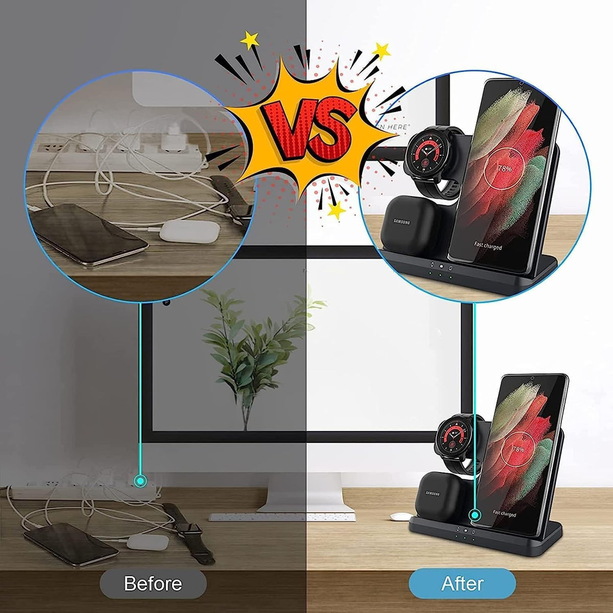 Cargador Inalámbrico 3 en 1 para Samsung/iPhone, Cargador para Samsung S24/S23 Ultra/S22 Ultra/S23/S23+/Z Fold 4/Flip 4/S22, Cargador para Galaxy Watch 6/5/5 Pro/4, Estación de Carga Buds (Negro)