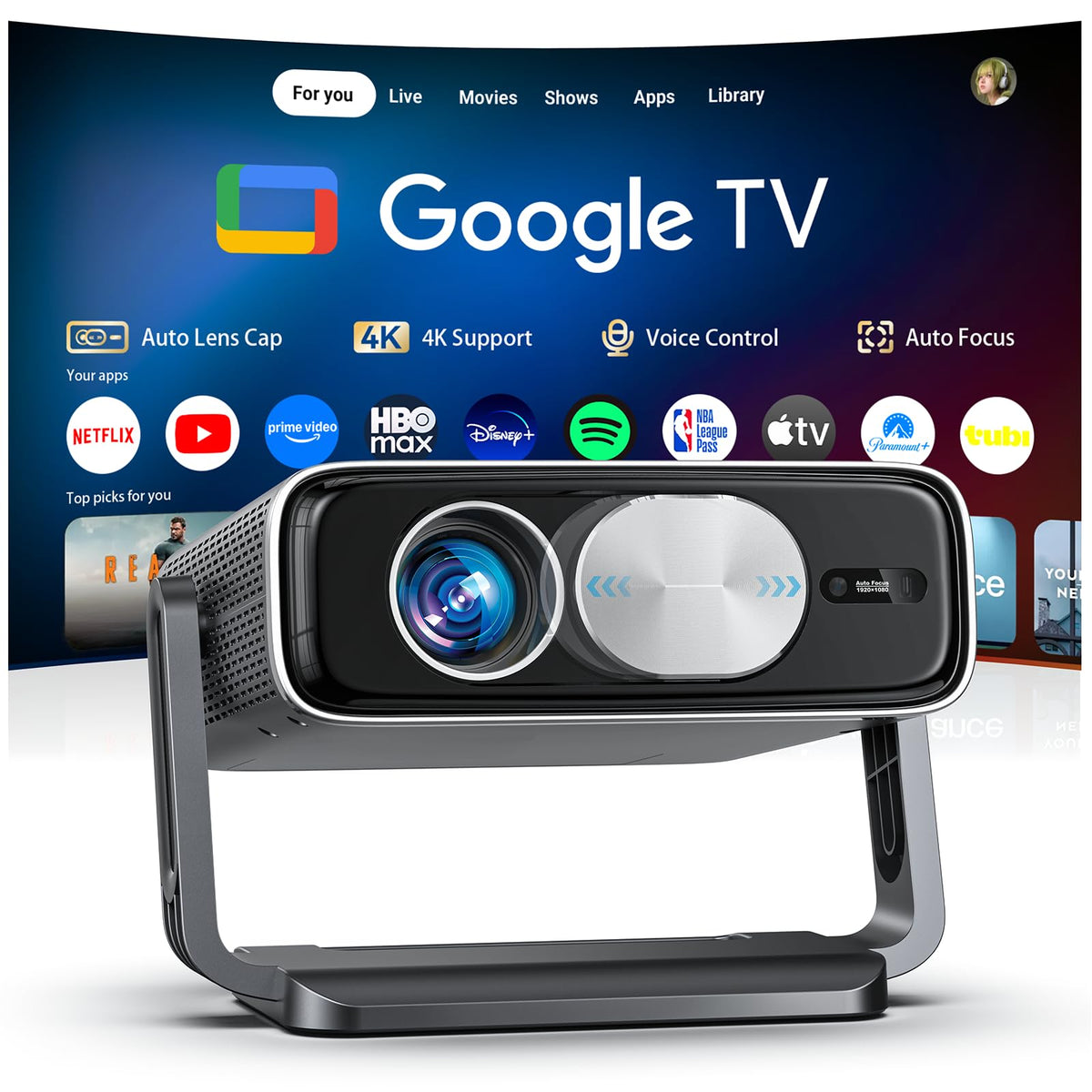 Proyector inteligente 4K [incluido con Google TV Stick]con WiFi y Bluetooth, 2500ANSI, tapa de lente automática, proyector portátil de películas para exteriores con aplicaciones incorporadas, enfoque
