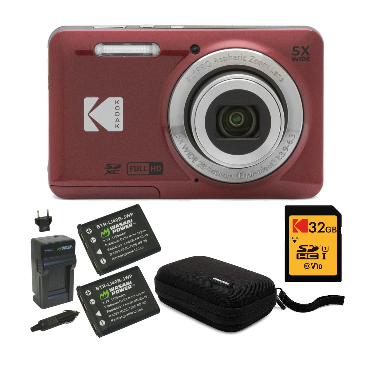Cámara digital Kodak PIXPRO Friendly Zoom FZ55 (rojo) Paquete con tarjeta SD de 32GB, estuche para cámara y cargador de viaje para batería (4 artículos)