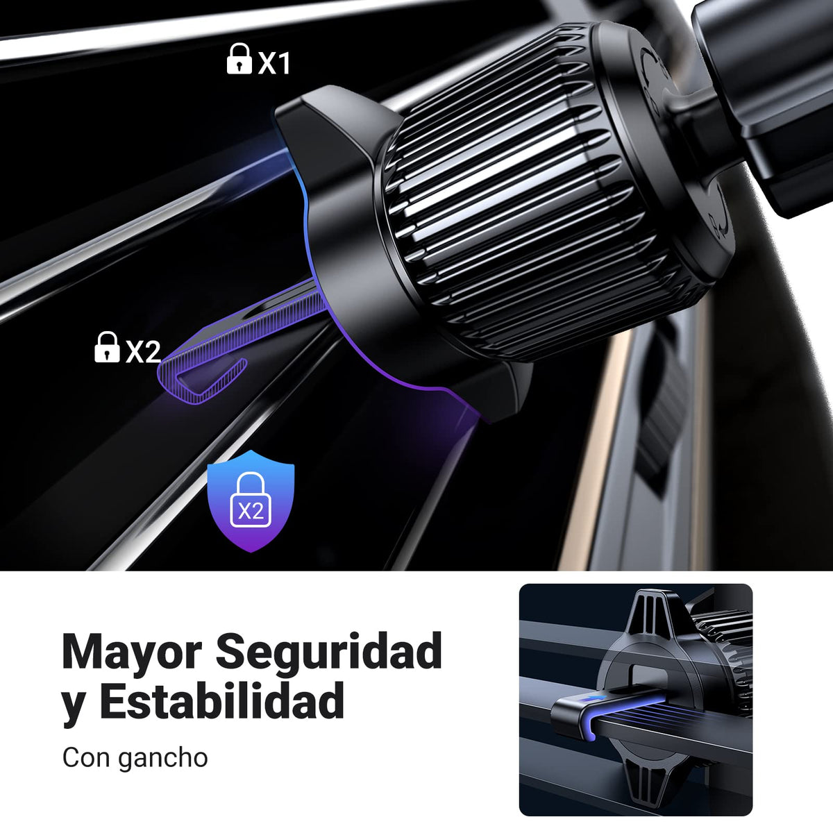 UGREEN Soporte Celular Automóvil, Base Porta Móvil Auto Giratorio 360° con Gancho Metálico y Botón de Liberación, Uso con Una Sola Mano para iPhone 16 15 14 13 Pro MAX, Galaxy S24 S23 S22 Ultra