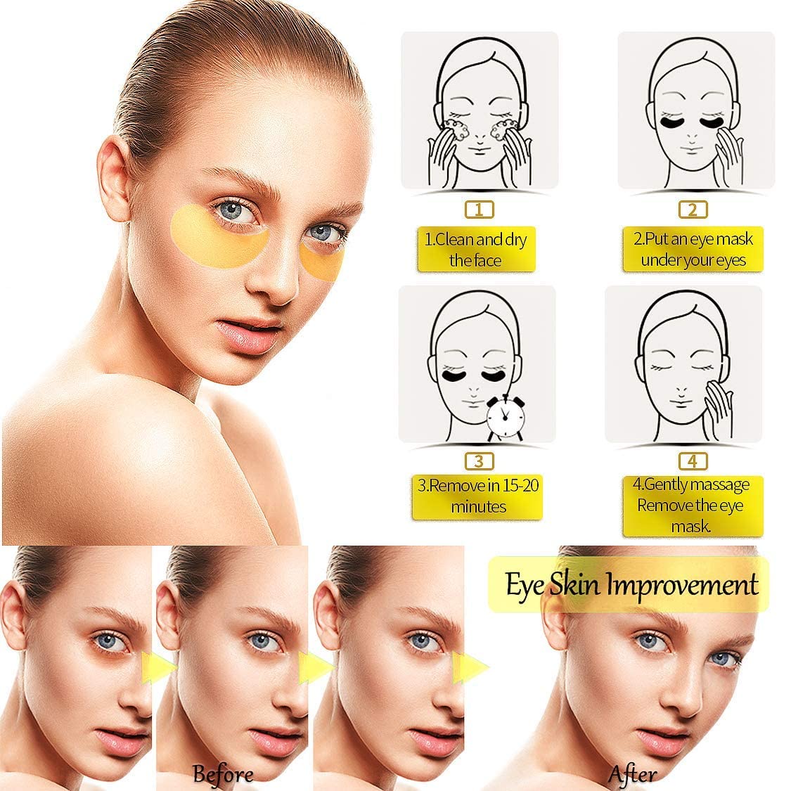 Allphv-Parches Ojos 24k Oro, 60 Pcs, Colágeno, Contorno de Ojos Antiarrugas