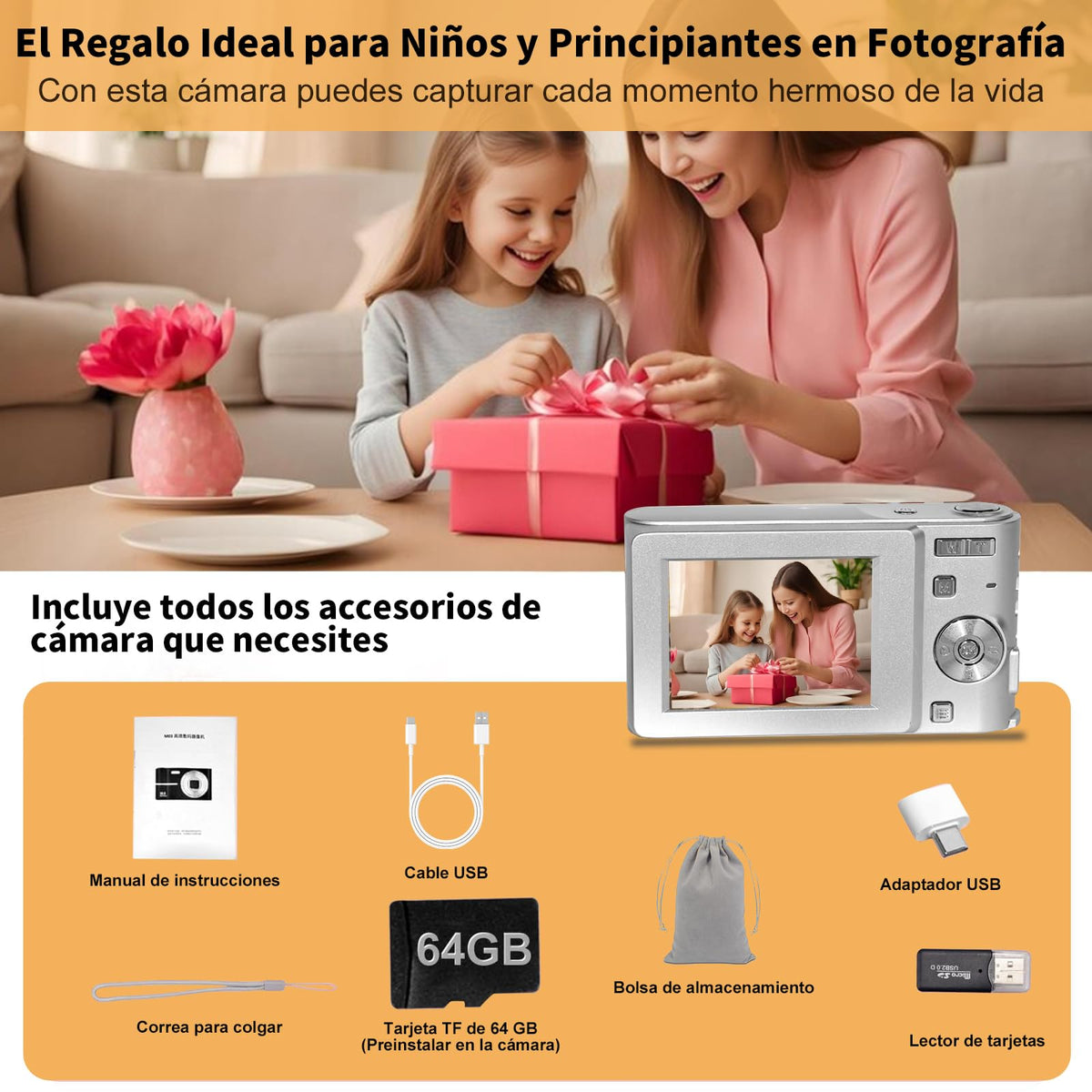 SUWENIC Cámara Digital, Camaras Fotografíacas, Digital Camara Vintage HD 1080P 50MP, Cámara de Video con Tarjeta 64GB, Enfoque Automático con Zoom 16X, 2.5'' Mini Camara para Niños y Niñas Plateado
