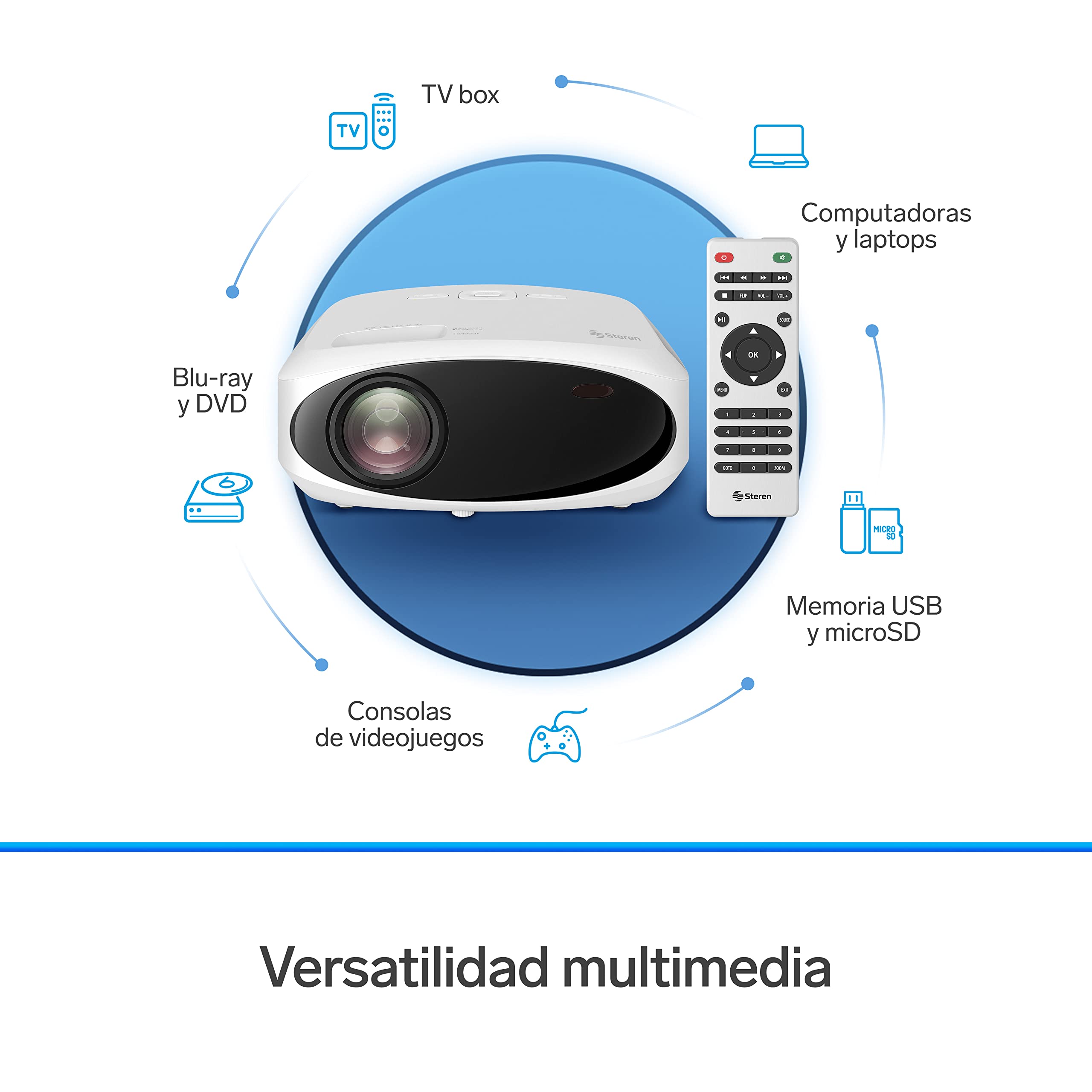 STEREN PRO-400 Proyector Multimedia Full HD de 9 000 lúmenes 280 ANSI Lumen portátil, proyección hasta 200”, con Control Remoto, 2 entradas HDMI, 1 Entrada AV 3,5 mm, 1 Entrada USB,1 Entrada microSD