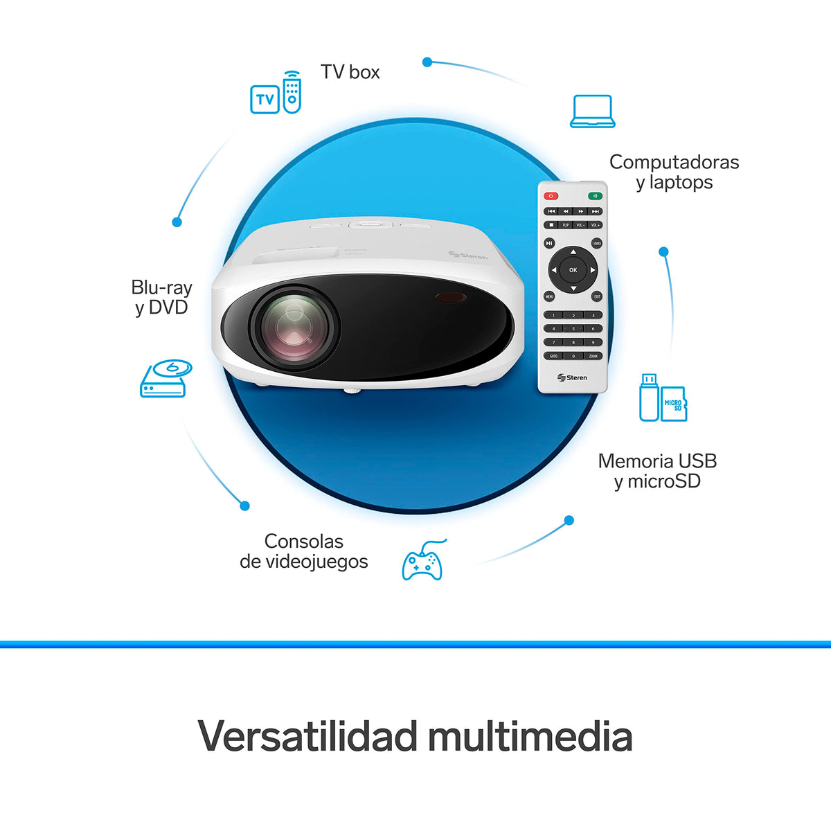 STEREN PRO-400 Proyector Multimedia Full HD de 9 000 lúmenes 280 ANSI Lumen portátil, proyección hasta 200”, con Control Remoto, 2 entradas HDMI, 1 Entrada AV 3,5 mm, 1 Entrada USB,1 Entrada microSD