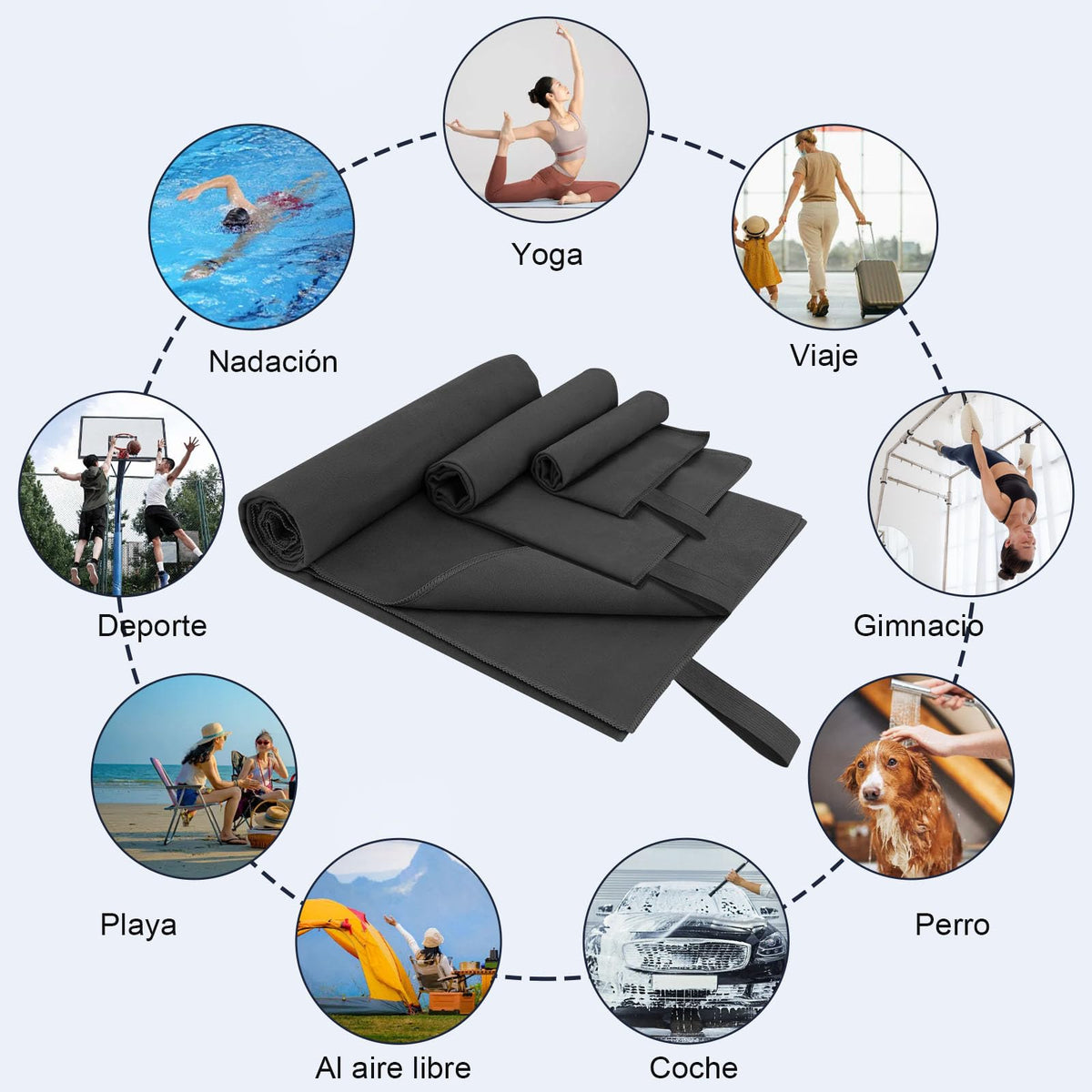 SAN KARA Toallas Deportivas de Microfibra (3 PCS) - Toallas Microfibra Secado Rápido, Ligeras para Viaje, Playa, Natación, Yoga y Gimnasio - Negro