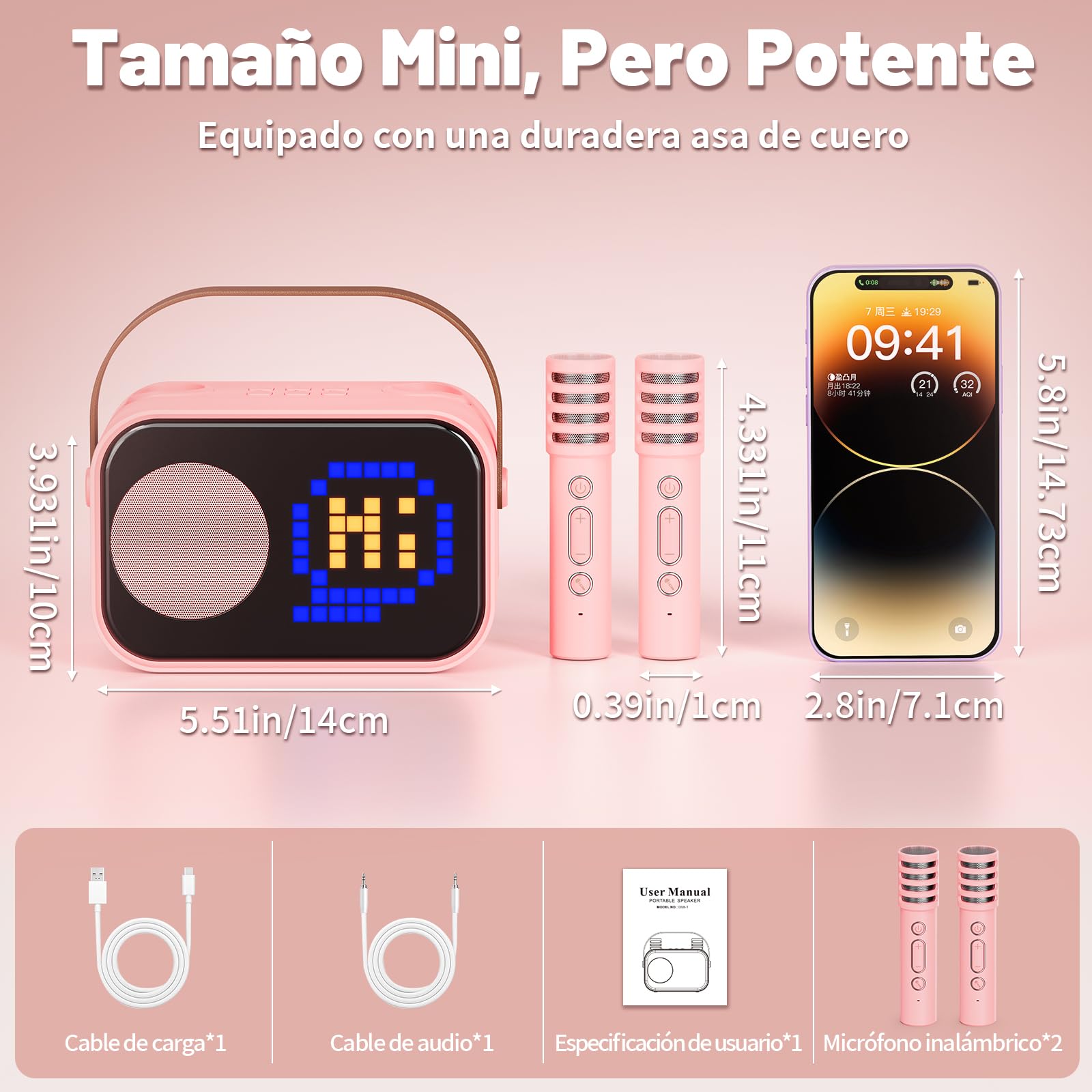 JYX D58 Máquina de Karaoke para Niños y Adultos, Mini Altavoz Portátil de Karaoke Bluetooth con 2 Micrófonos Inalámbricos (Rosa)