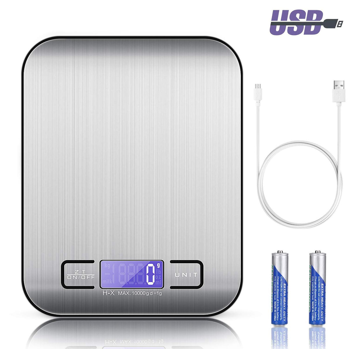 TBONEEY Báscula Cocina Digital USB Recargable, Bascula Precision Cocina 10kg/1g Peso de Cocina Digital, Balanza de Alimentos Acero Inoxidable con Pantalla LCD, Función de Tara (Baterias Incluidas)