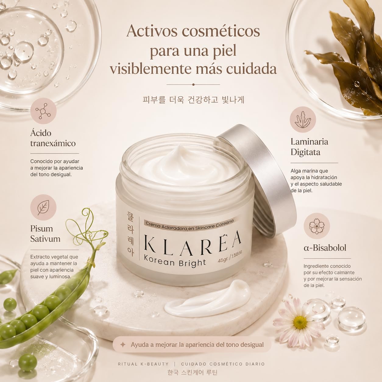 KLARÉA Korean Bright 45g - Crema Aclaradora Cosmética K-Beauty Corea para Manchas, Zonas Oscuras y Tono Desigual - Uso Facial y Corporal para Axilas, Codos, Rodillas, Cuello y Manos