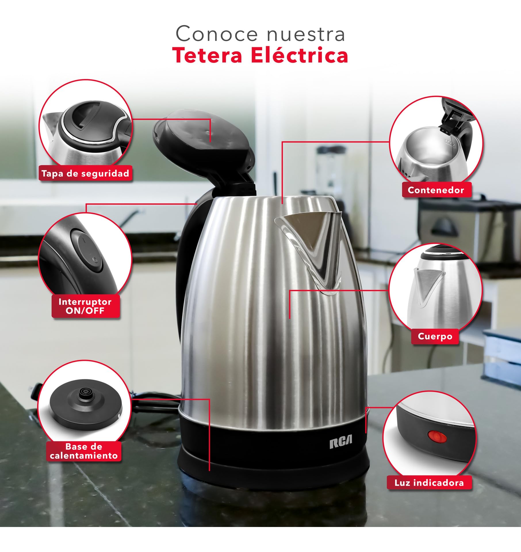 RCA Tetera Eléctrica RC-180GB01 de Acero Inoxidable, Capacidad de 1.8 Litros, Luz LED, Base Giratoria, Apagado Automático y Protección Contra Ebullición, Ideal para Té y Café, Diseño Elegante.