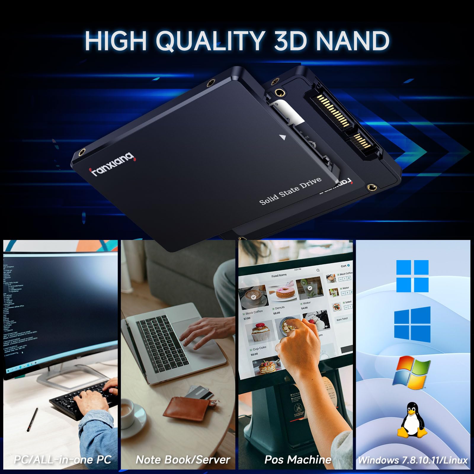 fanxiang SSD SATA 1TB 2.5" SATA III 6 GB/s Unidad de Estado Sólido Interna, hasta 560 MB/s, 3D NAND con caché SLC, para Laptop y PC de Escritorio, Mejora de Rendimiento, 7 mm (0.28"), S101Q