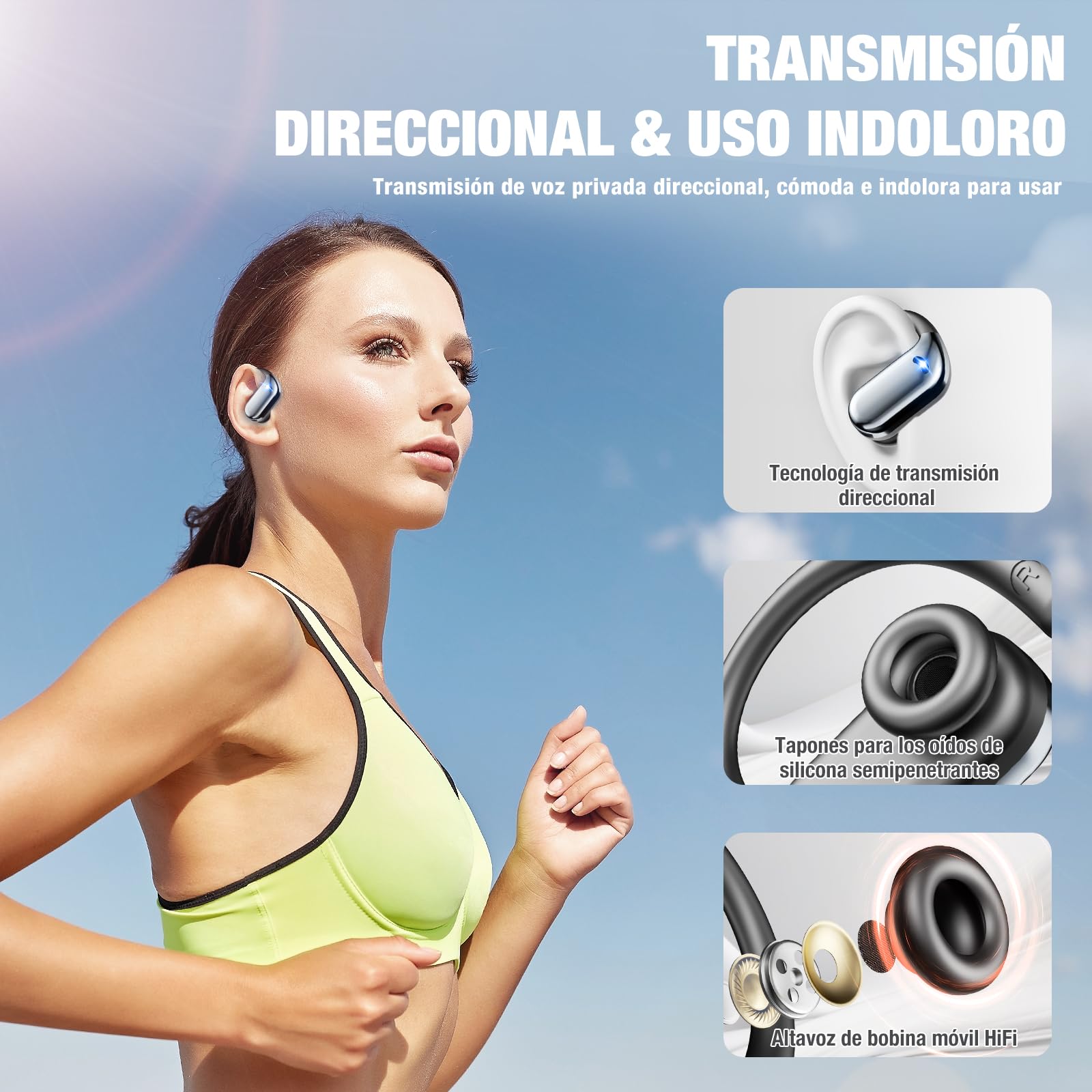 ELECGO Oído Abierto Audífonos Bluetooth 5.4, Audífonos Inalámbricos Deportivos, Auriculares para Correr con Indicador de Carga LED,Llamada ENC HD, Auriculares Inalambricos Deportivos con Gancho