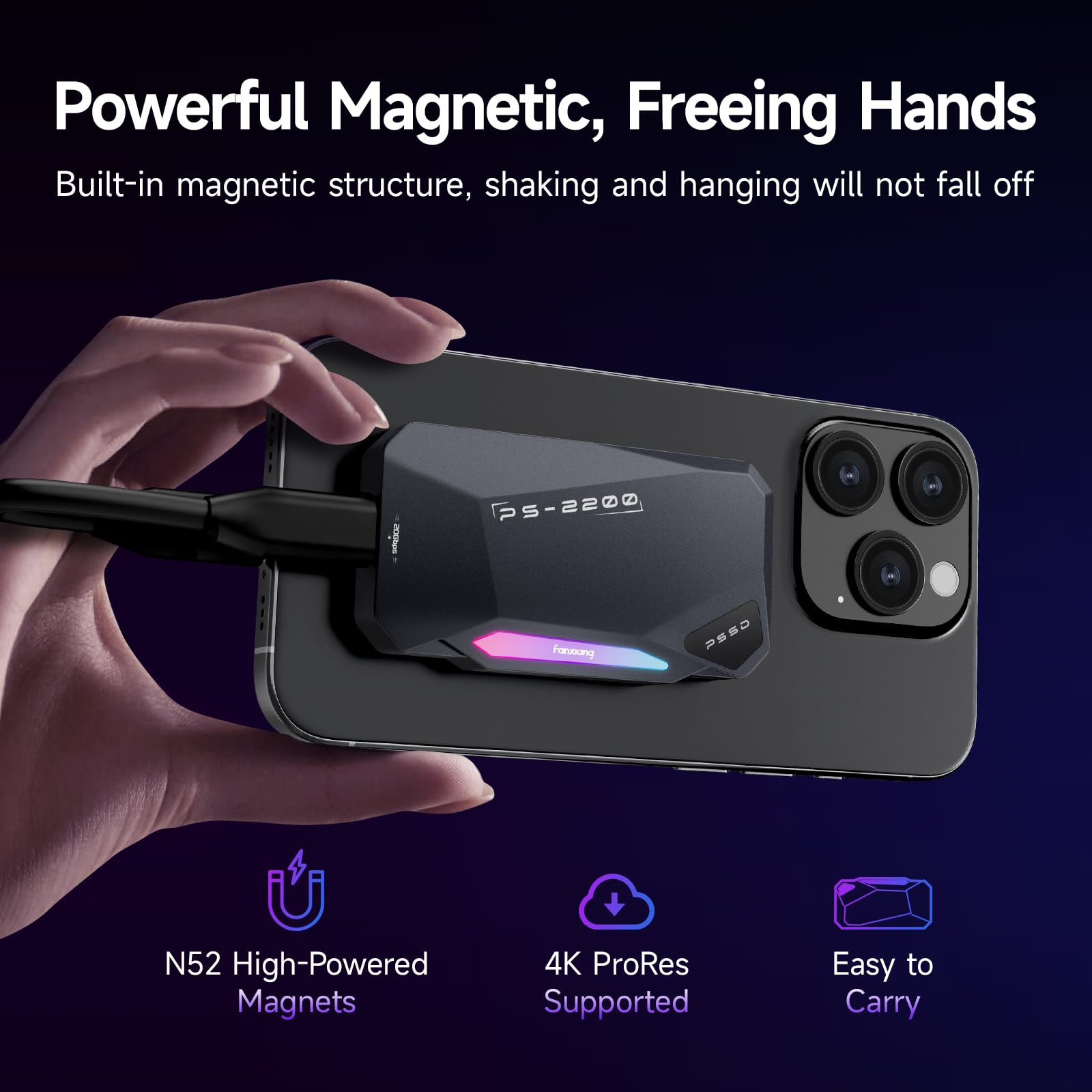 SSD Portátil Magnético 1TB, 2050MB/s, SSD Externo USB 3.2 Gen 2x2, Grabación y Almacenamiento 4K ProRes, Aleación de Aluminio, Iluminación RGB Táctil, para iPhone 15/16/17, Android, PC y Mac, PS2200