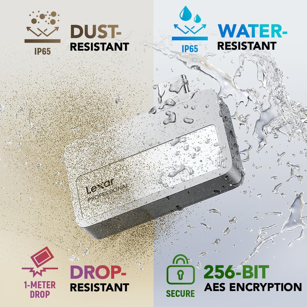 Lexar 2TB Professional Go SSD portátil, Compatible con Apple ProRes, hasta 1050 MB/s de Lectura y 1000 MB/s de Escritura, USB 3.2 Gen 2, Resistente, Compatible con iPhone 15 Series, Smartphones, PC y