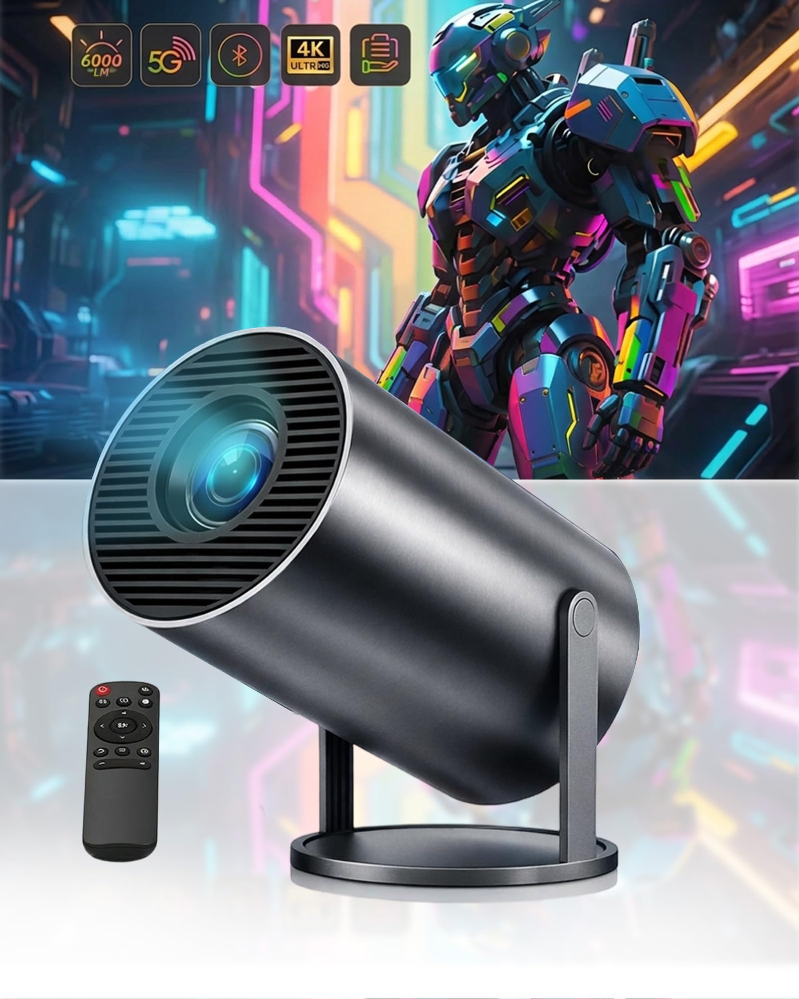 Mini Proyector Portatil 2026,Proyector 4K, Auto Keystone,Pantalla de 150”,250ANSI/10000 lúmenes,WiFi 6 con 2.4/5GHz,Bluetooth 5.4,Giro de 180 Grados,Compatible con iOS/Android/PC/PS4/PS5 (Negro)